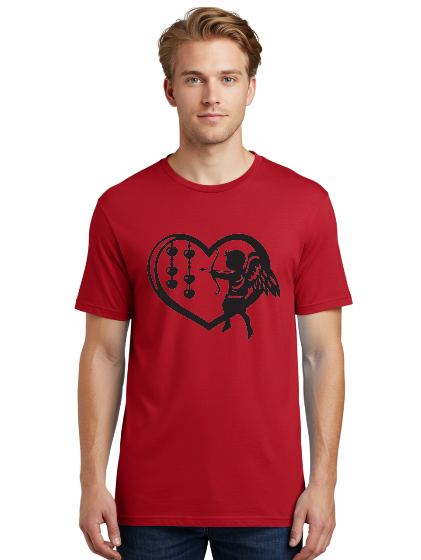 Cupid-With-Heart-Shaped-Necklace Men'S Graphic Tee, 100% Cotton, Comfortable Casual Summer Wear, Machine Washable, Cupid Shooting Arrow, Heart-Shaped Frame, Love Symbol, Valentine'S Day Theme, Romantic Gesture, Heart Beads, Winged Cherub Aab266