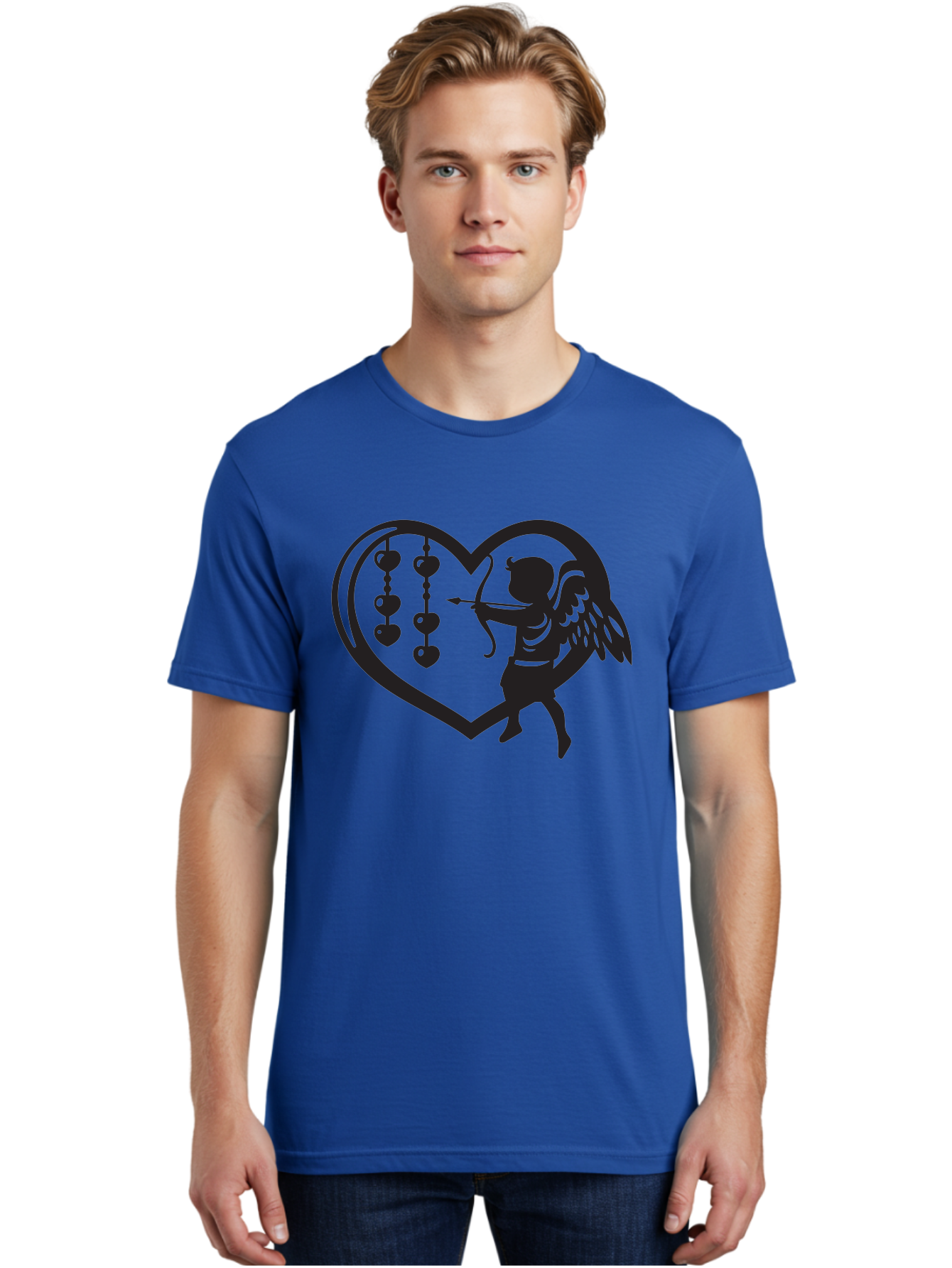 Cupid-With-Heart-Shaped-Necklace Men'S Graphic Tee, 100% Cotton, Comfortable Casual Summer Wear, Machine Washable, Cupid Shooting Arrow, Heart-Shaped Frame, Love Symbol, Valentine'S Day Theme, Romantic Gesture, Heart Beads, Winged Cherub Aab266
