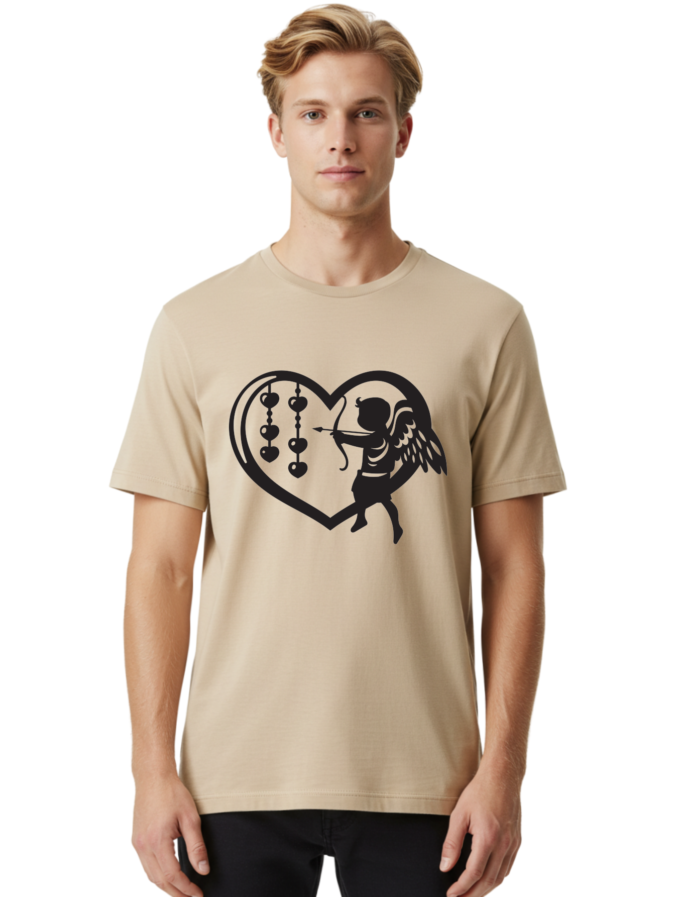 Cupid-With-Heart-Shaped-Necklace Men'S Graphic Tee, 100% Cotton, Comfortable Casual Summer Wear, Machine Washable, Cupid Shooting Arrow, Heart-Shaped Frame, Love Symbol, Valentine'S Day Theme, Romantic Gesture, Heart Beads, Winged Cherub Aab266