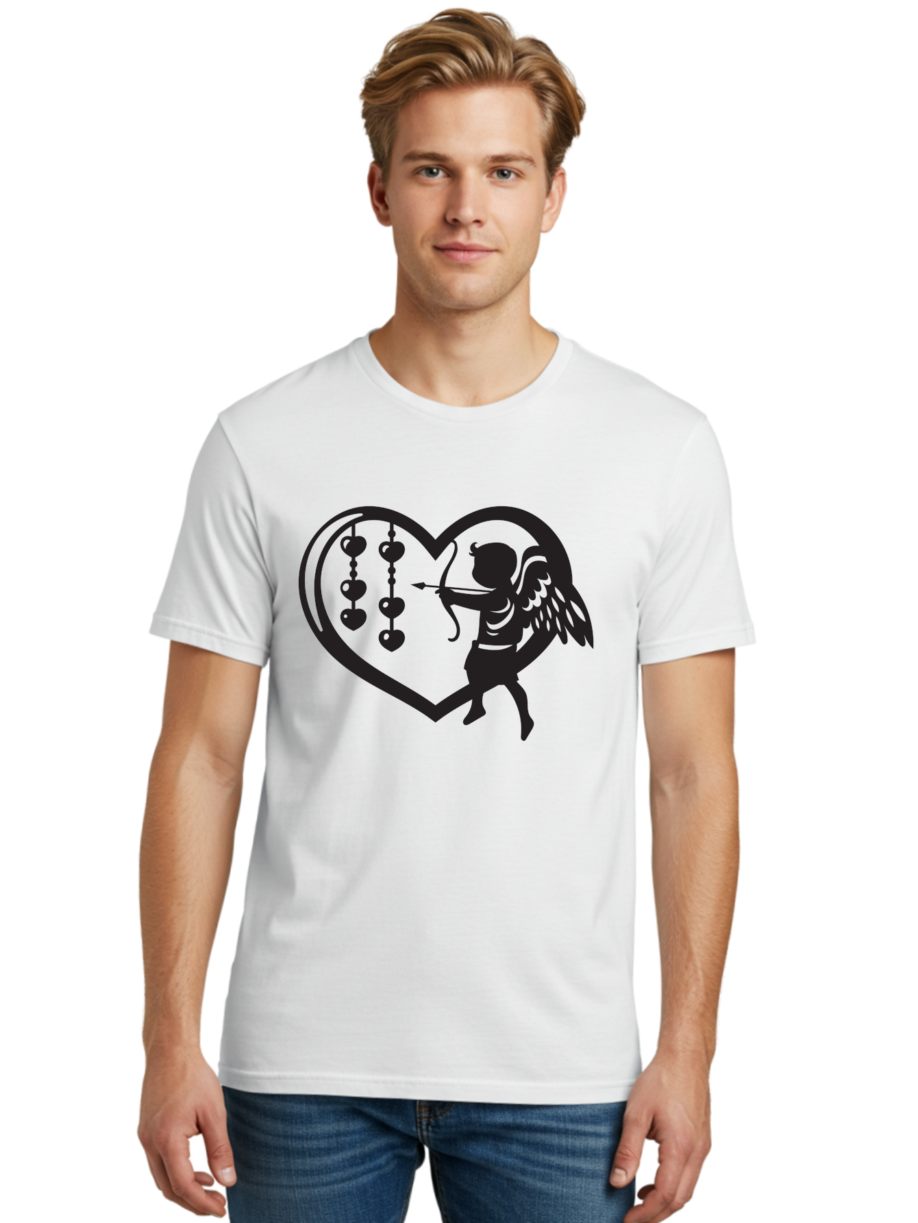Cupid-With-Heart-Shaped-Necklace Men'S Graphic Tee, 100% Cotton, Comfortable Casual Summer Wear, Machine Washable, Cupid Shooting Arrow, Heart-Shaped Frame, Love Symbol, Valentine'S Day Theme, Romantic Gesture, Heart Beads, Winged Cherub Aab266