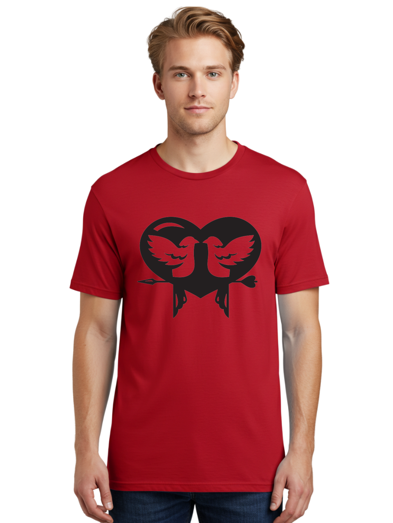 Cupid Men'S Graphic Tee, 100% Cotton, Comfortable Casual Summer Wear, Machine Washable, Heart Shape, Swallows Silhouette, Doves, Birds In Love, Arrow Through Heart, Love Symbol, Romantic Gesture, Tender Moment, Heartwarming Scene, Bird Art, Aab267