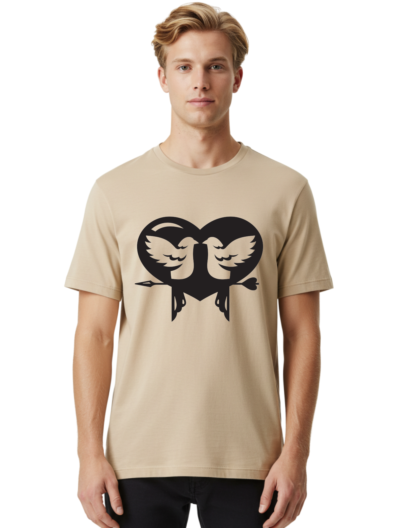 Cupid Men'S Graphic Tee, 100% Cotton, Comfortable Casual Summer Wear, Machine Washable, Heart Shape, Swallows Silhouette, Doves, Birds In Love, Arrow Through Heart, Love Symbol, Romantic Gesture, Tender Moment, Heartwarming Scene, Bird Art, Aab267
