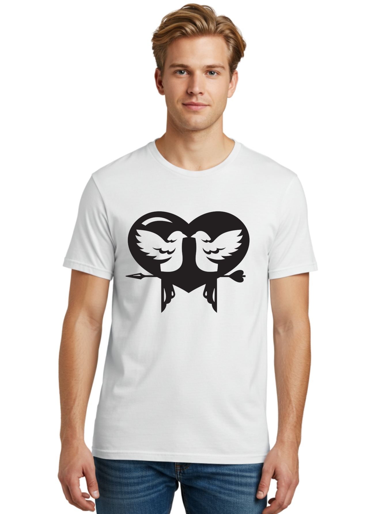 Cupid Men'S Graphic Tee, 100% Cotton, Comfortable Casual Summer Wear, Machine Washable, Heart Shape, Swallows Silhouette, Doves, Birds In Love, Arrow Through Heart, Love Symbol, Romantic Gesture, Tender Moment, Heartwarming Scene, Bird Art, Aab267