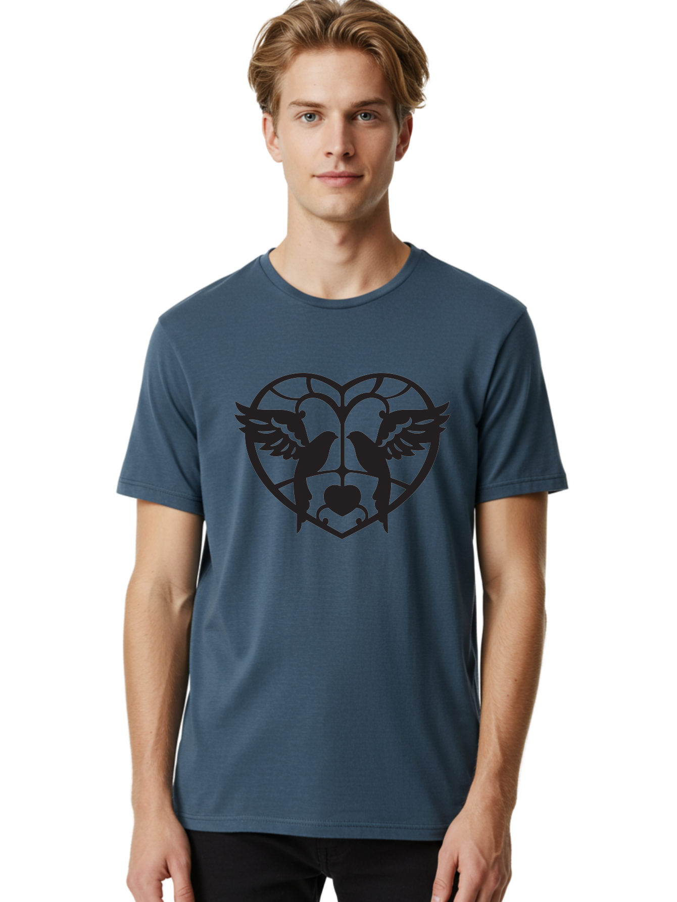Dove-Heart Men'S Graphic Tee, 100% Cotton, Comfortable Casual Summer Wear, Machine Washable, Doves In Love, Heart Symbol, Symbol Of Love, Peace Doves, Unity, Harmony, Love And Peace, Couple Doves, Decorative Doves Aab268