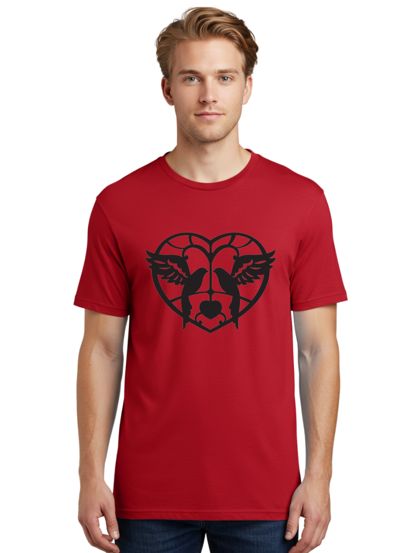 Dove-Heart Men'S Graphic Tee, 100% Cotton, Comfortable Casual Summer Wear, Machine Washable, Doves In Love, Heart Symbol, Symbol Of Love, Peace Doves, Unity, Harmony, Love And Peace, Couple Doves, Decorative Doves Aab268