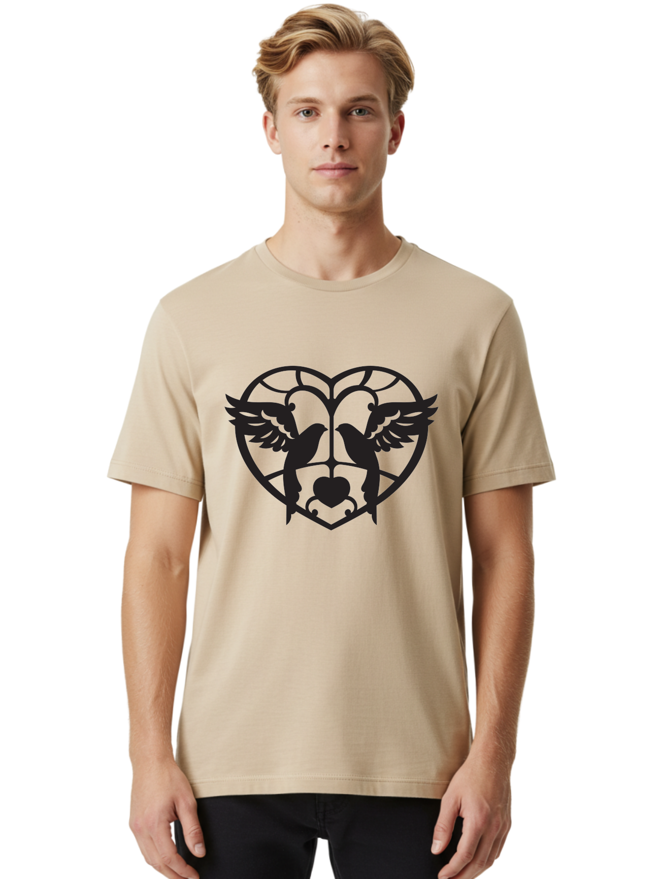 Dove-Heart Men'S Graphic Tee, 100% Cotton, Comfortable Casual Summer Wear, Machine Washable, Doves In Love, Heart Symbol, Symbol Of Love, Peace Doves, Unity, Harmony, Love And Peace, Couple Doves, Decorative Doves Aab268