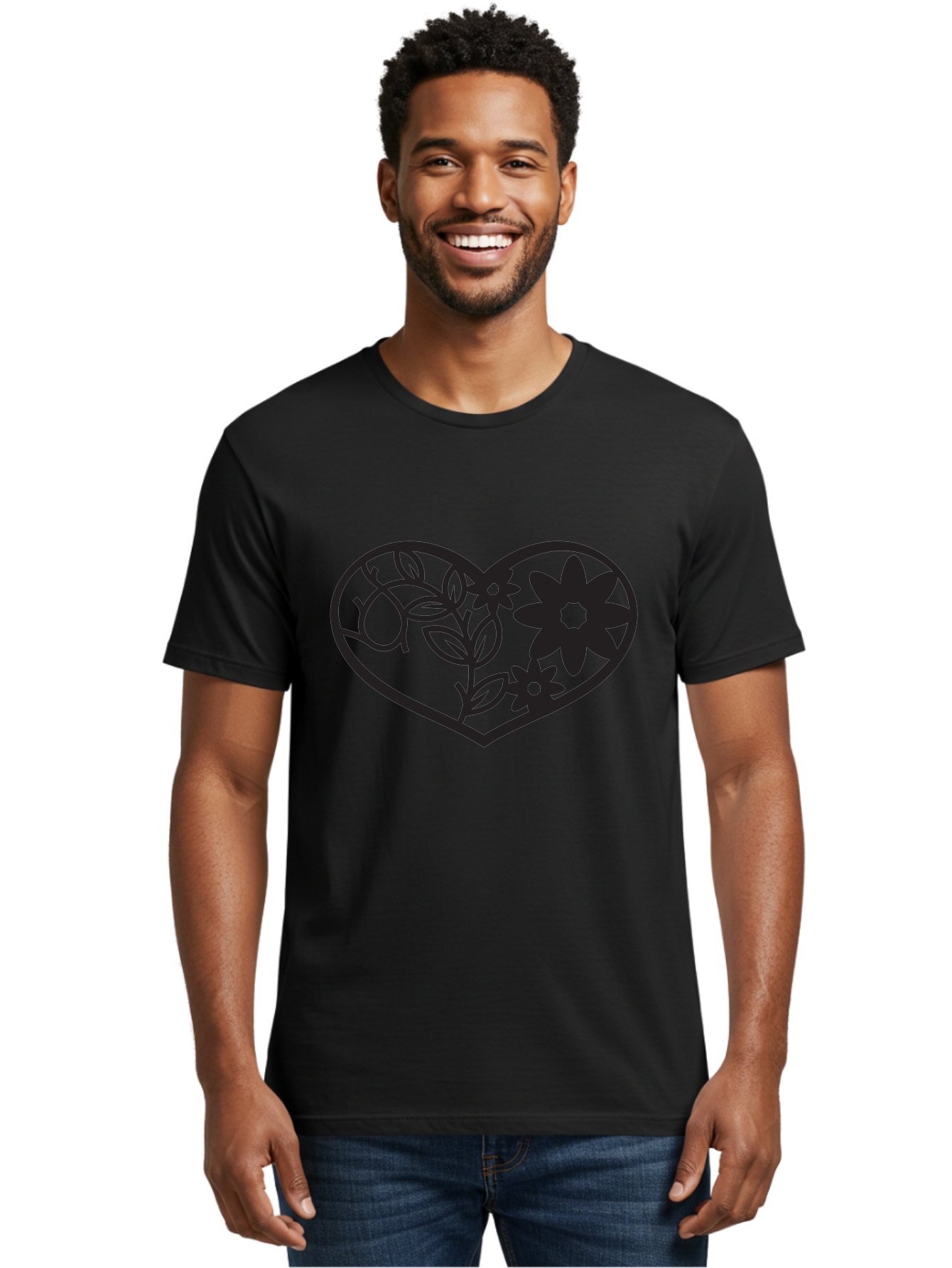 Floral-Heart Men'S Graphic Tee, 100% Cotton, Comfortable Casual Summer Wear, Machine Washable, Heart Shape, Floral Design, Flowers, Leaves, Botanical Elements, Love Symbol, Decorative Art, Simple Illustrations, Minimalist Style, Flower Motifs Aab269