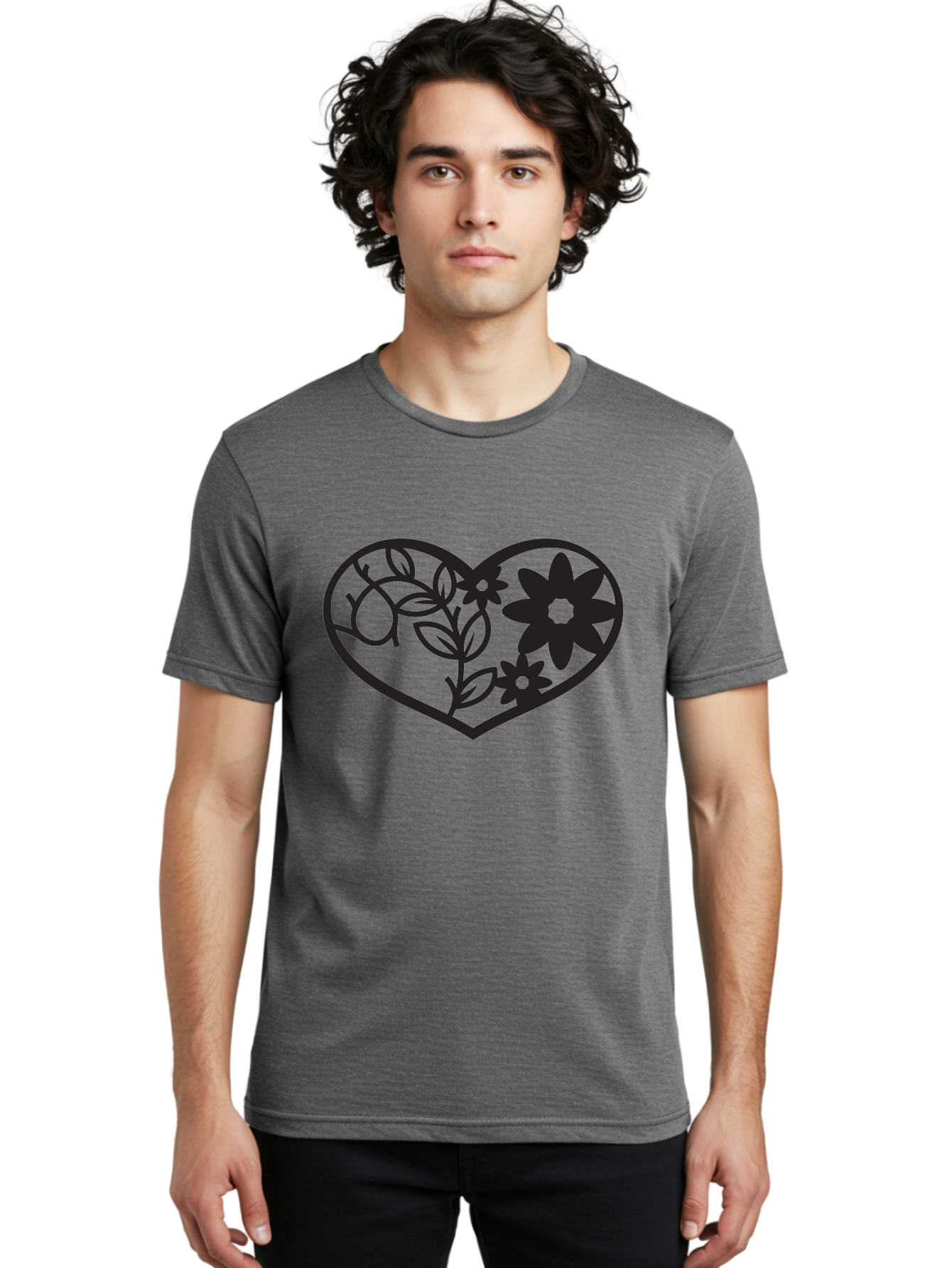Floral-Heart Men'S Graphic Tee, 100% Cotton, Comfortable Casual Summer Wear, Machine Washable, Heart Shape, Floral Design, Flowers, Leaves, Botanical Elements, Love Symbol, Decorative Art, Simple Illustrations, Minimalist Style, Flower Motifs Aab269