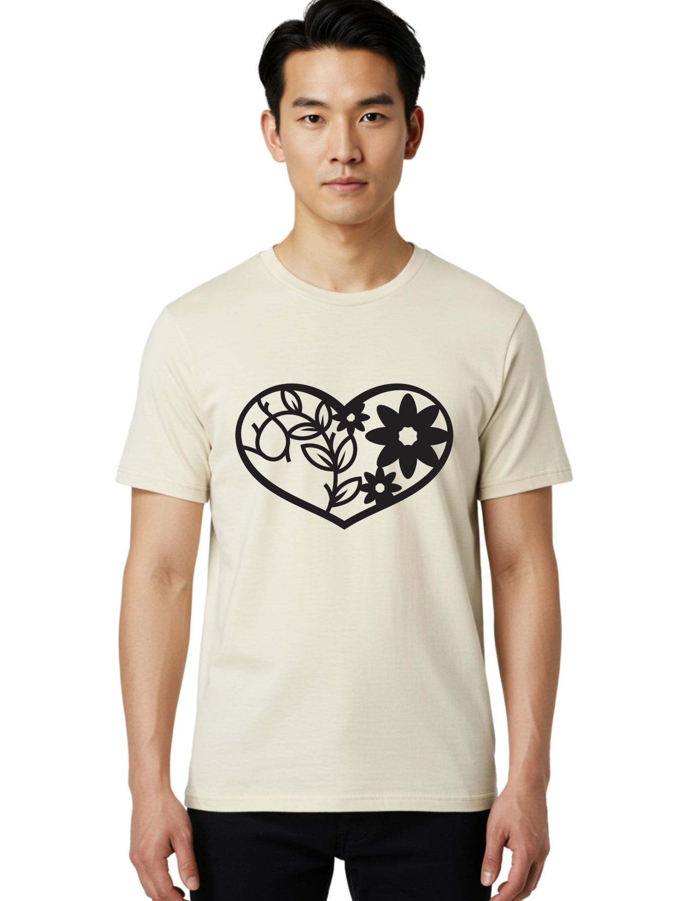 Floral-Heart Men'S Graphic Tee, 100% Cotton, Comfortable Casual Summer Wear, Machine Washable, Heart Shape, Floral Design, Flowers, Leaves, Botanical Elements, Love Symbol, Decorative Art, Simple Illustrations, Minimalist Style, Flower Motifs Aab269