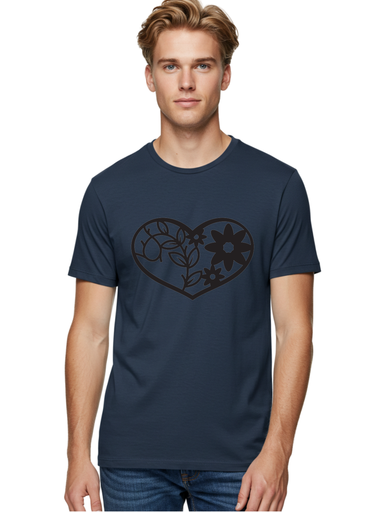 Floral-Heart Men'S Graphic Tee, 100% Cotton, Comfortable Casual Summer Wear, Machine Washable, Heart Shape, Floral Design, Flowers, Leaves, Botanical Elements, Love Symbol, Decorative Art, Simple Illustrations, Minimalist Style, Flower Motifs Aab269