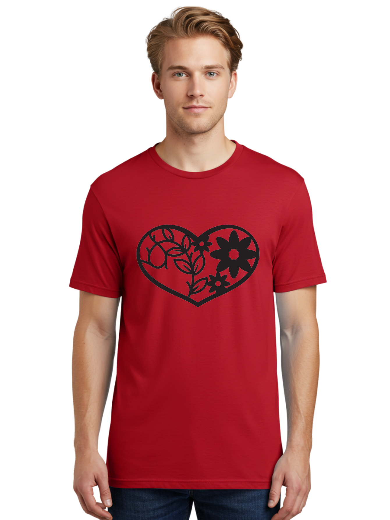 Floral-Heart Men'S Graphic Tee, 100% Cotton, Comfortable Casual Summer Wear, Machine Washable, Heart Shape, Floral Design, Flowers, Leaves, Botanical Elements, Love Symbol, Decorative Art, Simple Illustrations, Minimalist Style, Flower Motifs Aab269