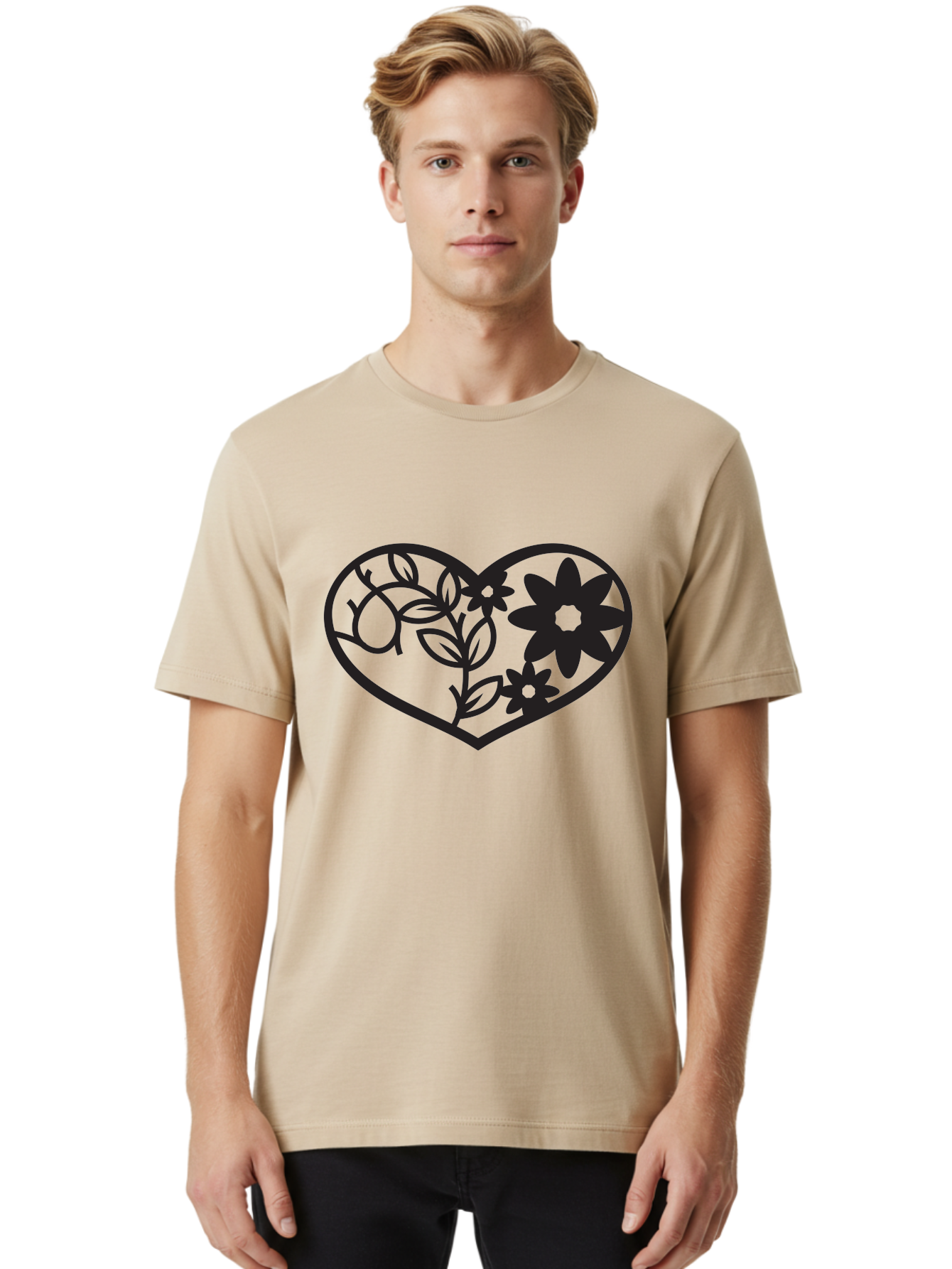 Floral-Heart Men'S Graphic Tee, 100% Cotton, Comfortable Casual Summer Wear, Machine Washable, Heart Shape, Floral Design, Flowers, Leaves, Botanical Elements, Love Symbol, Decorative Art, Simple Illustrations, Minimalist Style, Flower Motifs Aab269