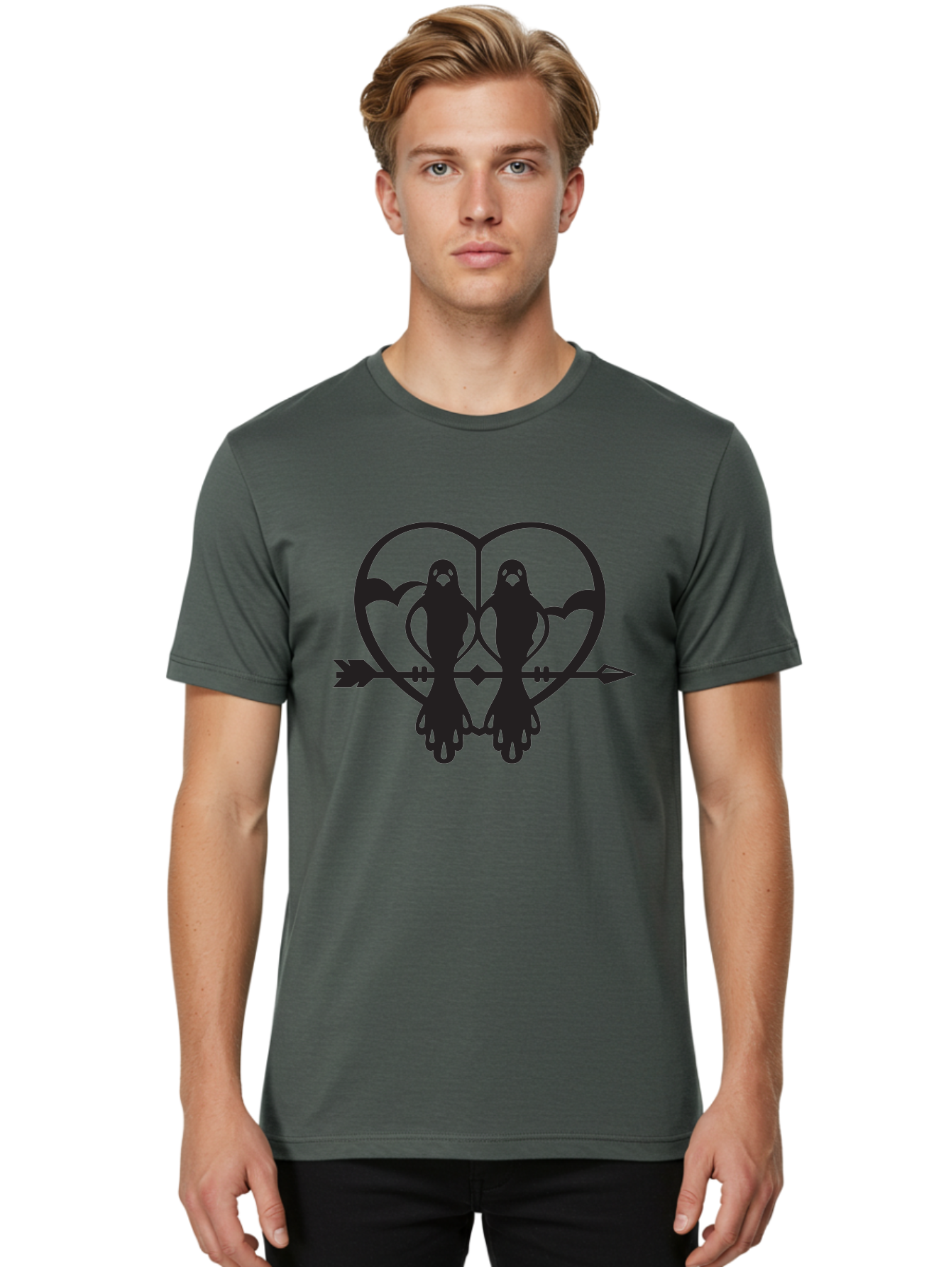 Goth-Couple Men'S Graphic Tee, 100% Cotton, Comfortable Casual Summer Wear, Machine Washable, Ghostly Figures, Heart Shape, Arrow Through Heart, Mirrored Silhouettes, Mystical Imagery, Gothic Romance, Spooky Love, Eerie Atmosphere, Dark Art, Aab270
