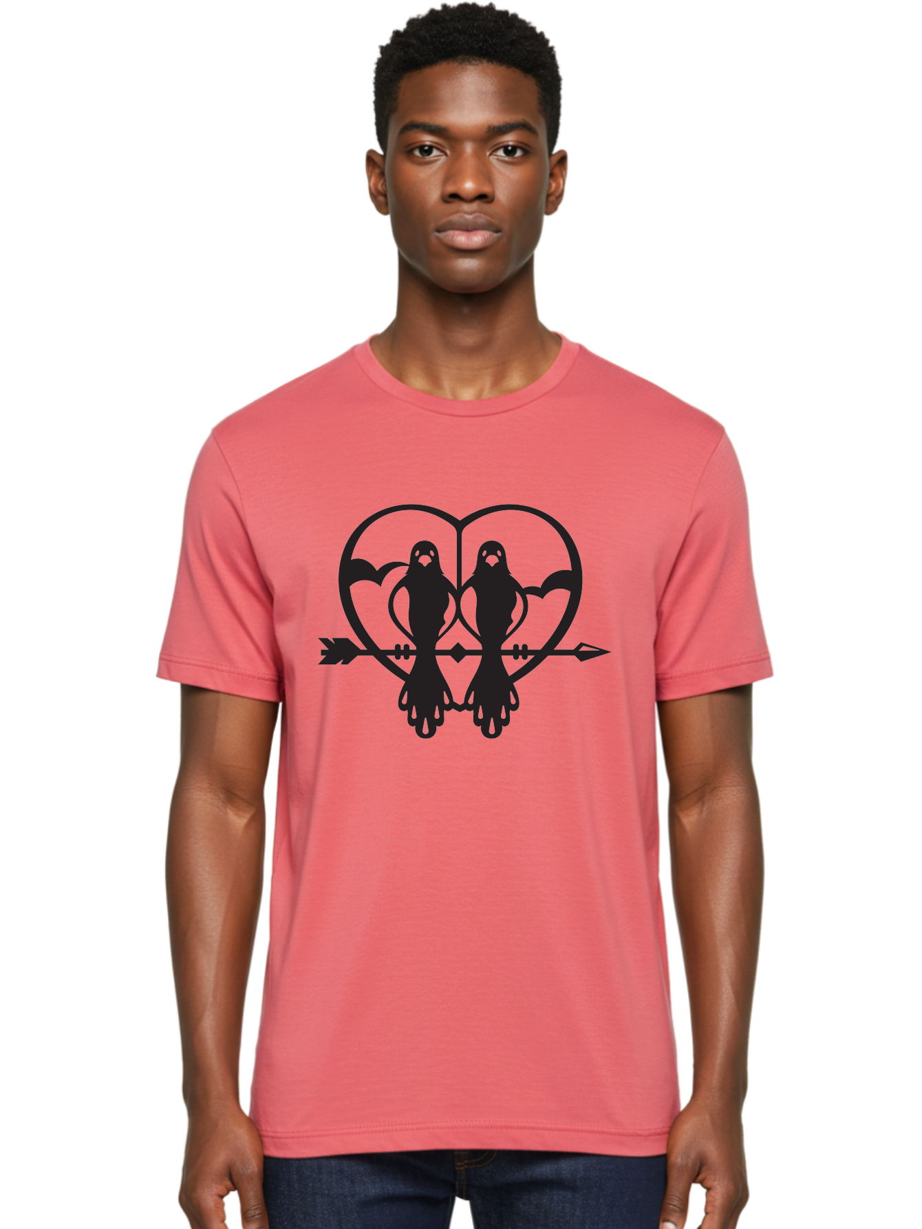 Goth-Couple Men'S Graphic Tee, 100% Cotton, Comfortable Casual Summer Wear, Machine Washable, Ghostly Figures, Heart Shape, Arrow Through Heart, Mirrored Silhouettes, Mystical Imagery, Gothic Romance, Spooky Love, Eerie Atmosphere, Dark Art, Aab270