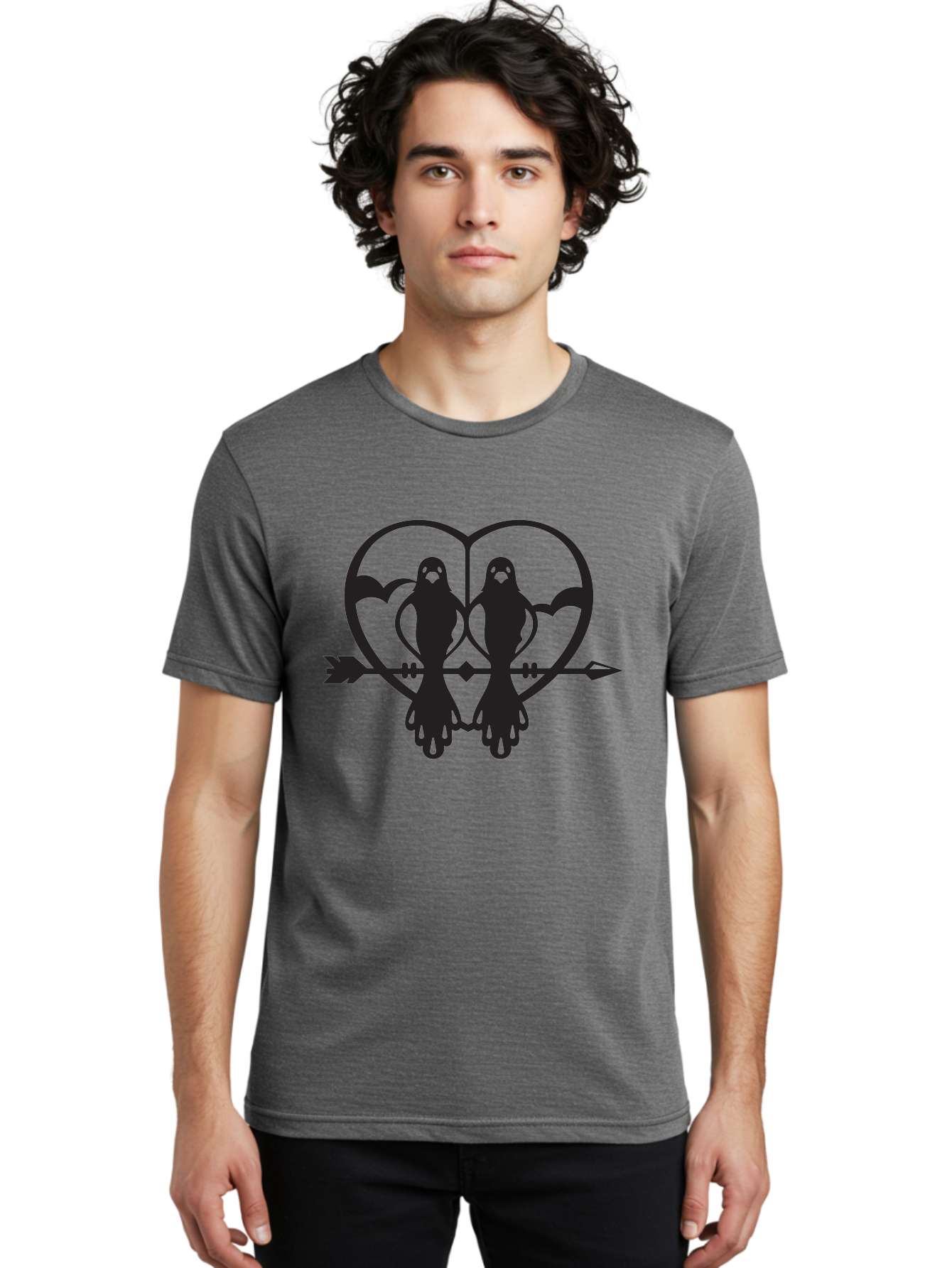 Goth-Couple Men'S Graphic Tee, 100% Cotton, Comfortable Casual Summer Wear, Machine Washable, Ghostly Figures, Heart Shape, Arrow Through Heart, Mirrored Silhouettes, Mystical Imagery, Gothic Romance, Spooky Love, Eerie Atmosphere, Dark Art, Aab270
