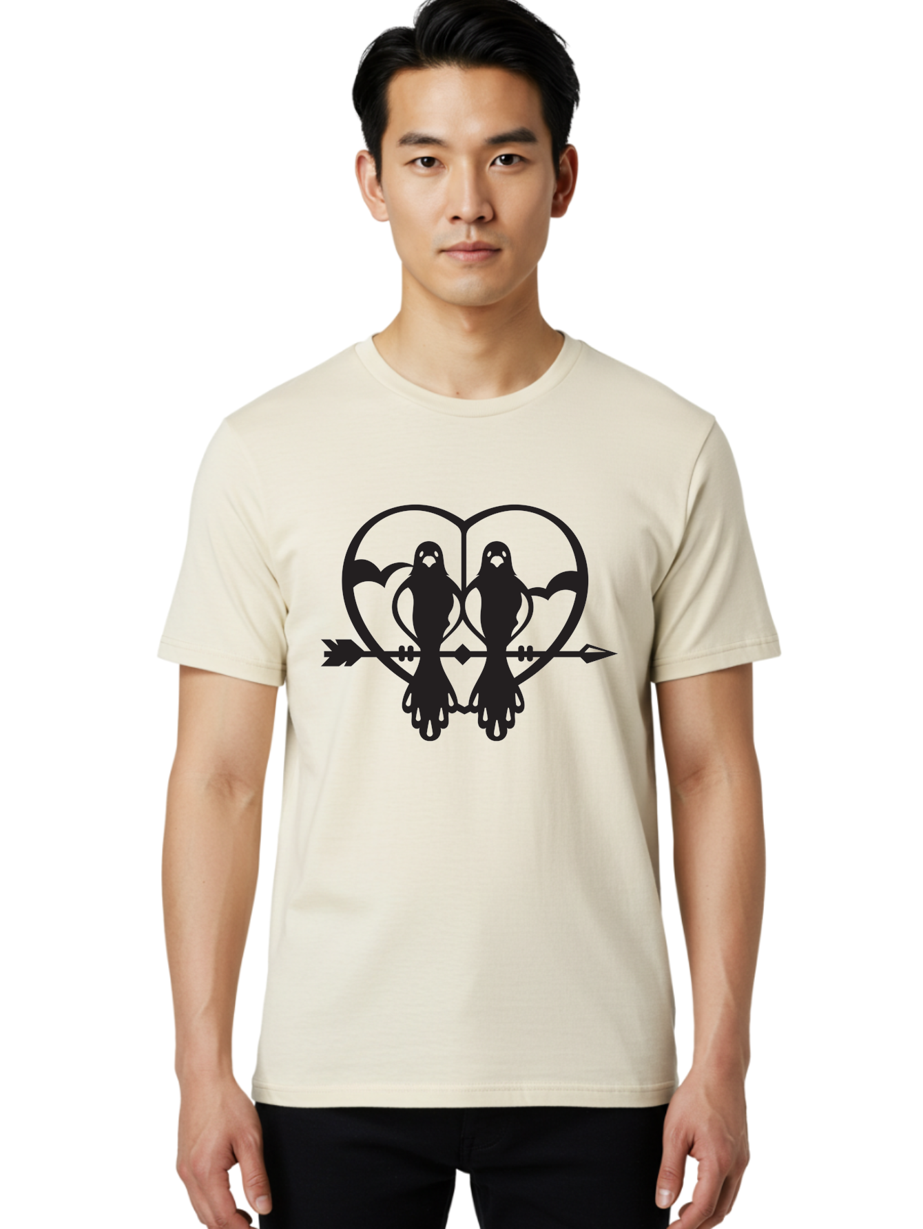 Goth-Couple Men'S Graphic Tee, 100% Cotton, Comfortable Casual Summer Wear, Machine Washable, Ghostly Figures, Heart Shape, Arrow Through Heart, Mirrored Silhouettes, Mystical Imagery, Gothic Romance, Spooky Love, Eerie Atmosphere, Dark Art, Aab270