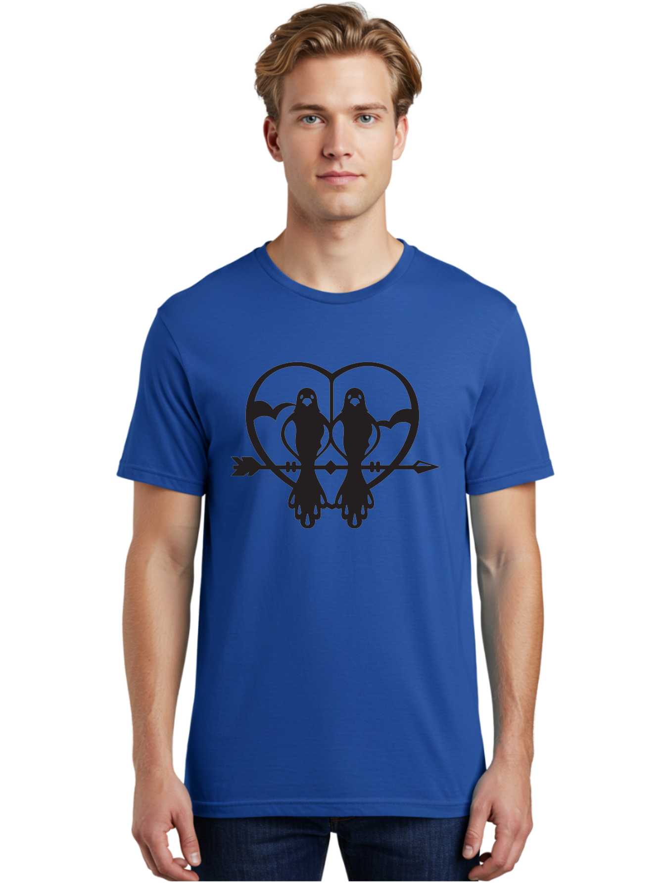 Goth-Couple Men'S Graphic Tee, 100% Cotton, Comfortable Casual Summer Wear, Machine Washable, Ghostly Figures, Heart Shape, Arrow Through Heart, Mirrored Silhouettes, Mystical Imagery, Gothic Romance, Spooky Love, Eerie Atmosphere, Dark Art, Aab270