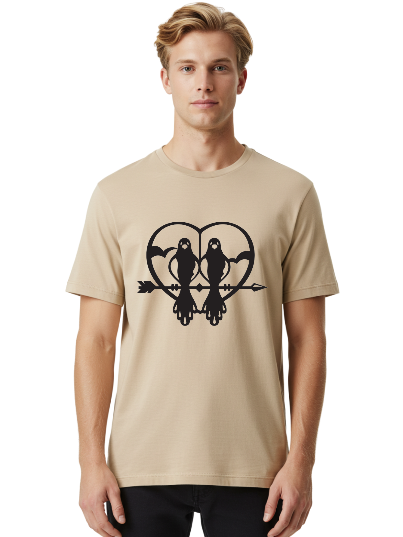 Goth-Couple Men'S Graphic Tee, 100% Cotton, Comfortable Casual Summer Wear, Machine Washable, Ghostly Figures, Heart Shape, Arrow Through Heart, Mirrored Silhouettes, Mystical Imagery, Gothic Romance, Spooky Love, Eerie Atmosphere, Dark Art, Aab270