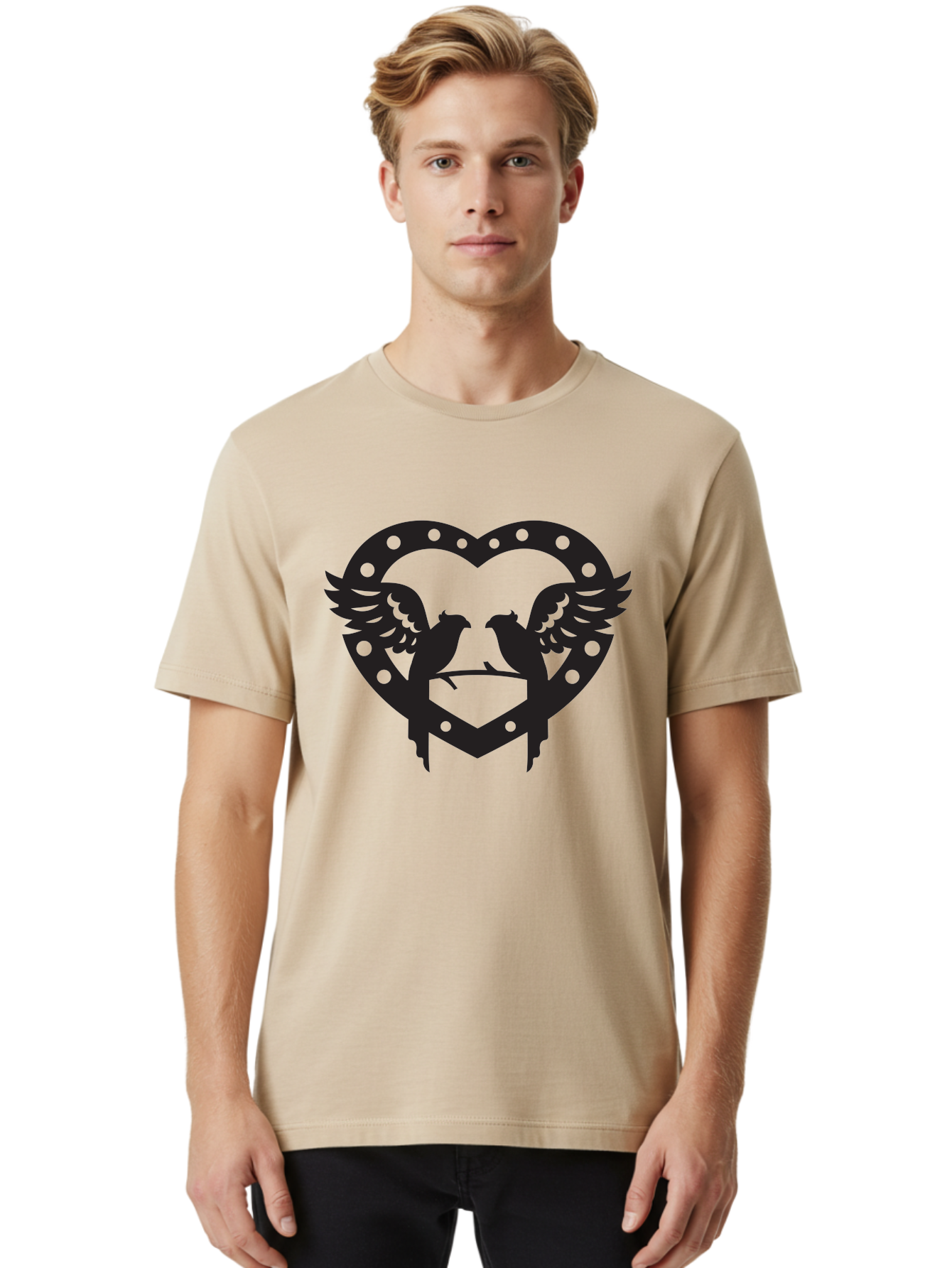 Heart-Birds Men'S Graphic Tee, 100% Cotton, Comfortable Casual Summer Wear, Machine Washable, Love Birds, Heart Shape, Decorative Key, Symbol Of Love, Romantic Motifs, Valentine'S Day Theme, Couple Birds, Winged Hearts, Ornate Design, Aab273