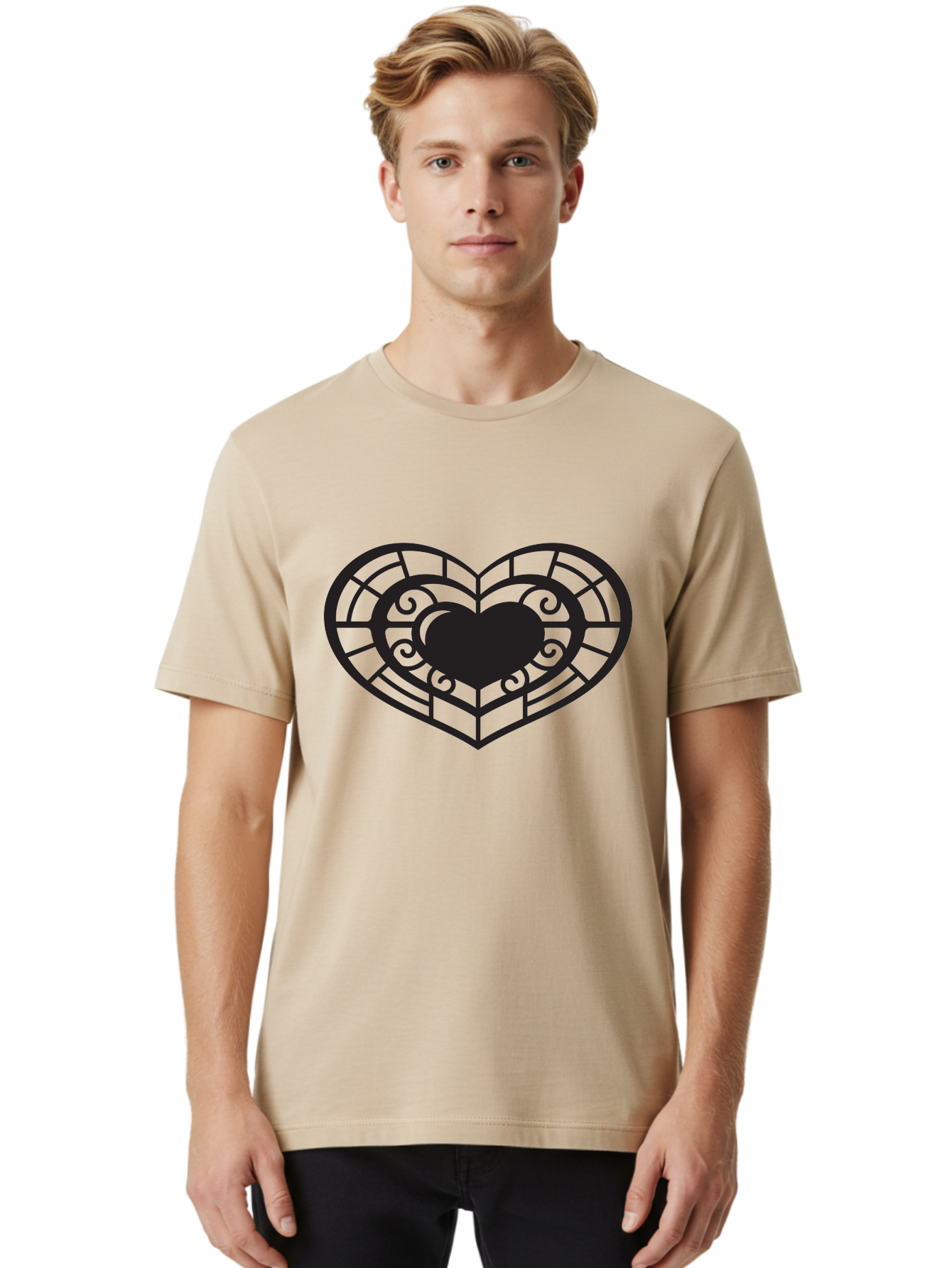 Heart-Design Men'S Graphic Tee, 100% Cotton, Comfortable Casual Summer Wear, Machine Washable, Stained Glass Heart, Decorative Heart, Intricate Design, Heart Silhouette, Ornate Pattern, Swirling Shapes, Love Symbol, Valentines Day Aab274