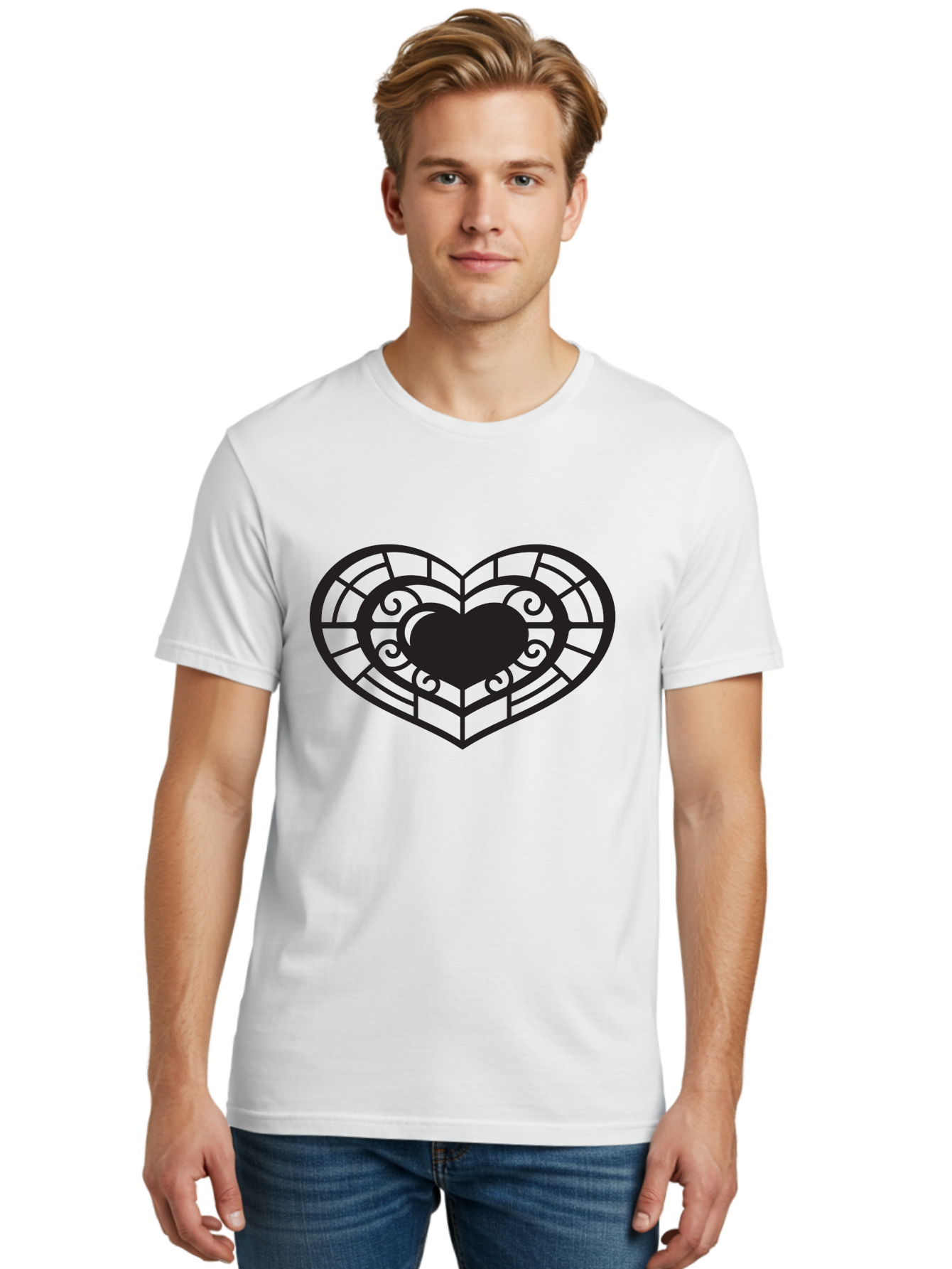 Heart-Design Men'S Graphic Tee, 100% Cotton, Comfortable Casual Summer Wear, Machine Washable, Stained Glass Heart, Decorative Heart, Intricate Design, Heart Silhouette, Ornate Pattern, Swirling Shapes, Love Symbol, Valentines Day Aab274