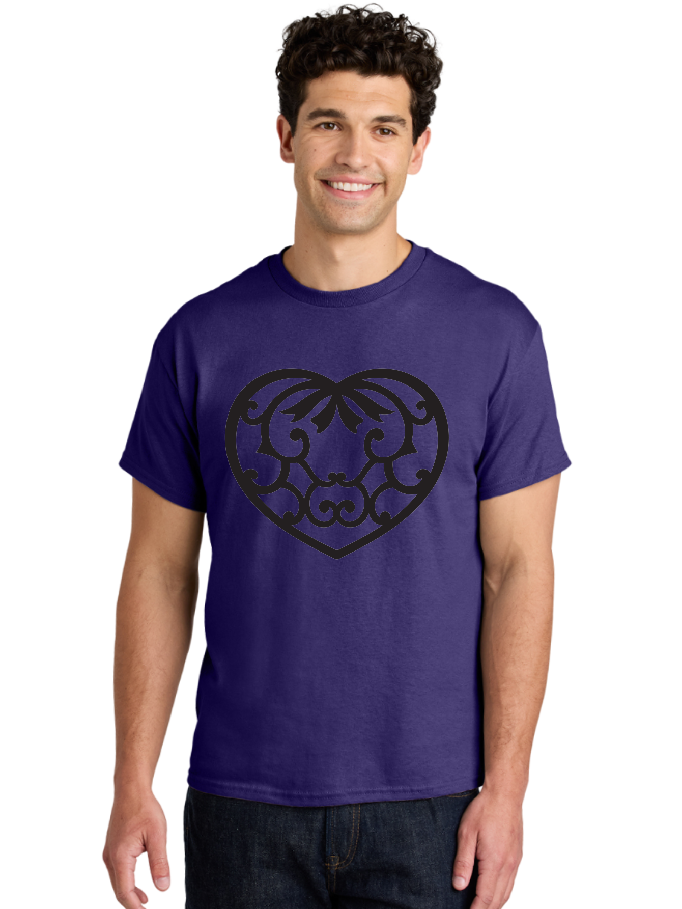 Heart-Filigree Men'S Graphic Tee, 100% Cotton, Comfortable Casual Summer Wear, Machine Washable, Filigree Heart, Floral Pattern, Heart Shape, Black Design, Ornate Details, Elegant Style, Romantic Symbol, Decorative Art Aab275