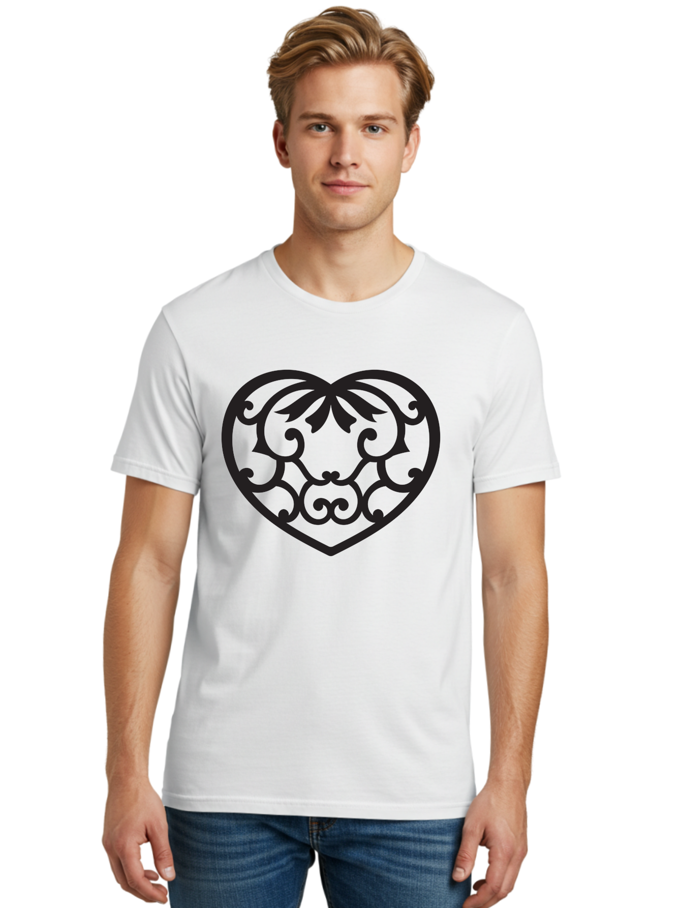 Heart-Filigree Men'S Graphic Tee, 100% Cotton, Comfortable Casual Summer Wear, Machine Washable, Filigree Heart, Floral Pattern, Heart Shape, Black Design, Ornate Details, Elegant Style, Romantic Symbol, Decorative Art Aab275