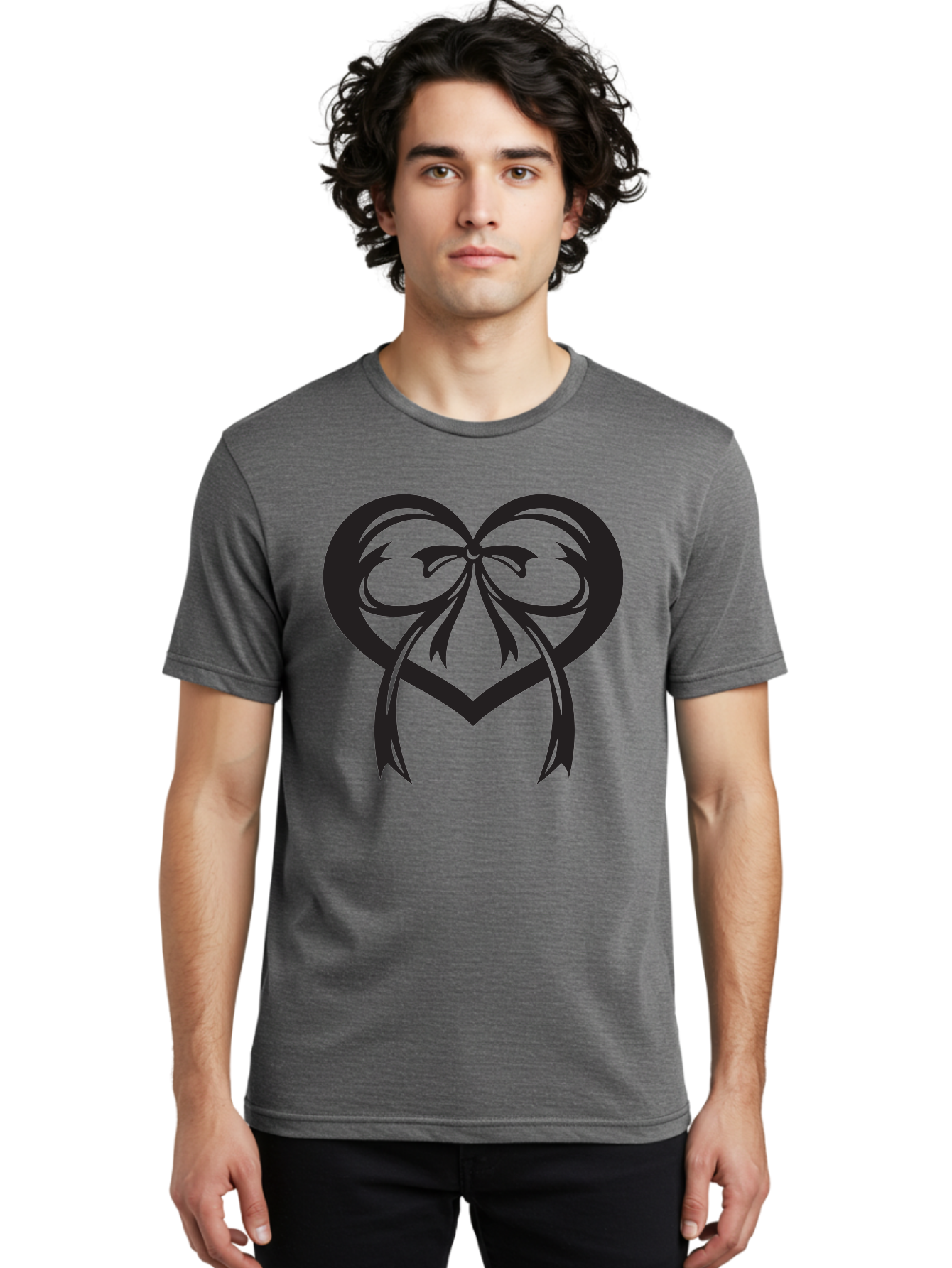 Heart-Graphic Men'S Graphic Tee, 100% Cotton, Comfortable Casual Summer Wear, Machine Washable, Heart Shape, Ribbon Bow, Heart Symbol, Love Sign, Valentine'S Day, Decorative Heart, Black Silhouette, Ribbon Design, Heart Decoration Aab276
