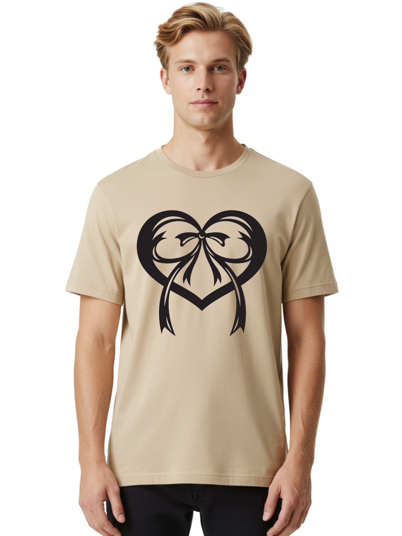 Heart-Graphic Men'S Graphic Tee, 100% Cotton, Comfortable Casual Summer Wear, Machine Washable, Heart Shape, Ribbon Bow, Heart Symbol, Love Sign, Valentine'S Day, Decorative Heart, Black Silhouette, Ribbon Design, Heart Decoration Aab276