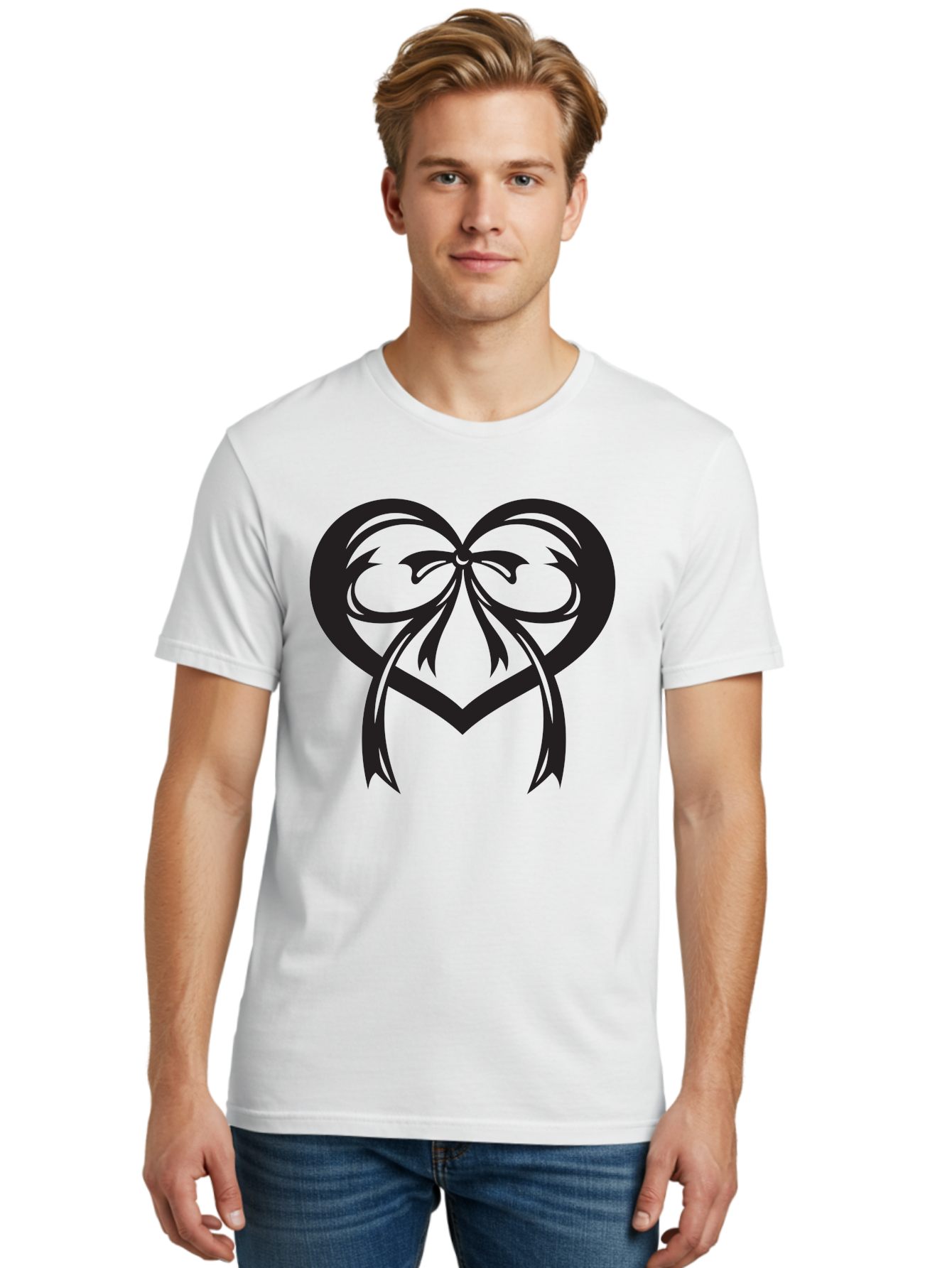 Heart-Graphic Men'S Graphic Tee, 100% Cotton, Comfortable Casual Summer Wear, Machine Washable, Heart Shape, Ribbon Bow, Heart Symbol, Love Sign, Valentine'S Day, Decorative Heart, Black Silhouette, Ribbon Design, Heart Decoration Aab276