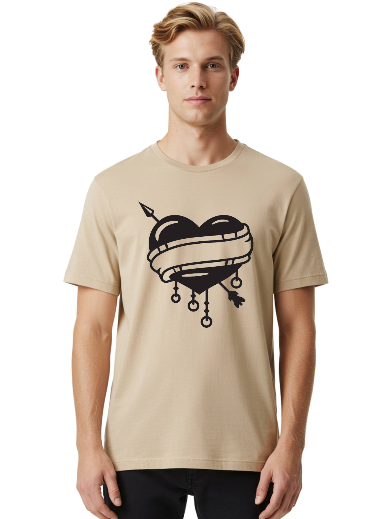 Heart-With-Arrow Men'S Graphic Tee, 100% Cotton, Comfortable Casual Summer Wear, Machine Washable, Heart With Arrow, Bound Heart, Symbolic Heart, Tattoo Art, Heart Design, Symbolic Love, Heart With Bindings Aab277