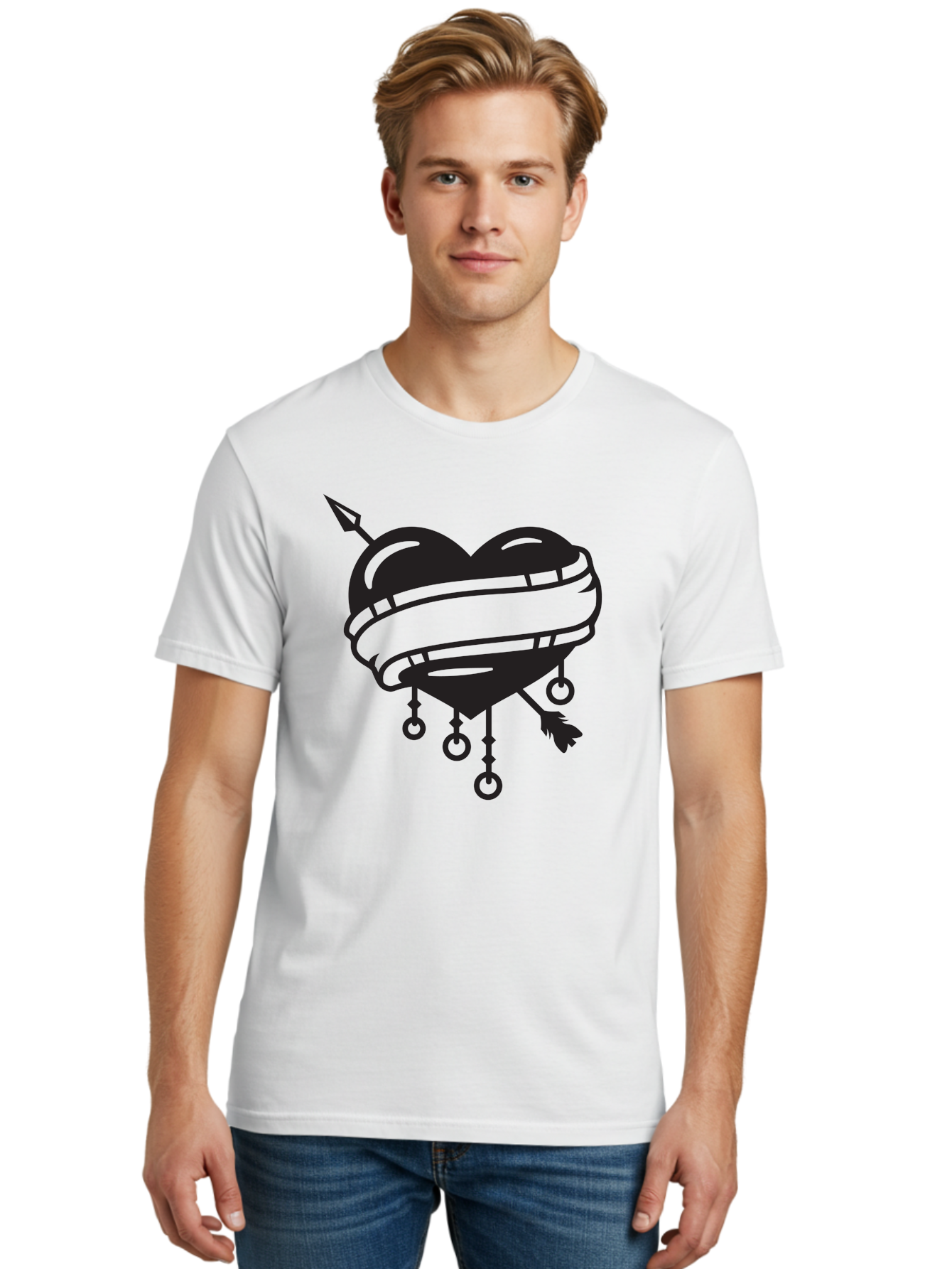 Heart-With-Arrow Men'S Graphic Tee, 100% Cotton, Comfortable Casual Summer Wear, Machine Washable, Heart With Arrow, Bound Heart, Symbolic Heart, Tattoo Art, Heart Design, Symbolic Love, Heart With Bindings Aab277