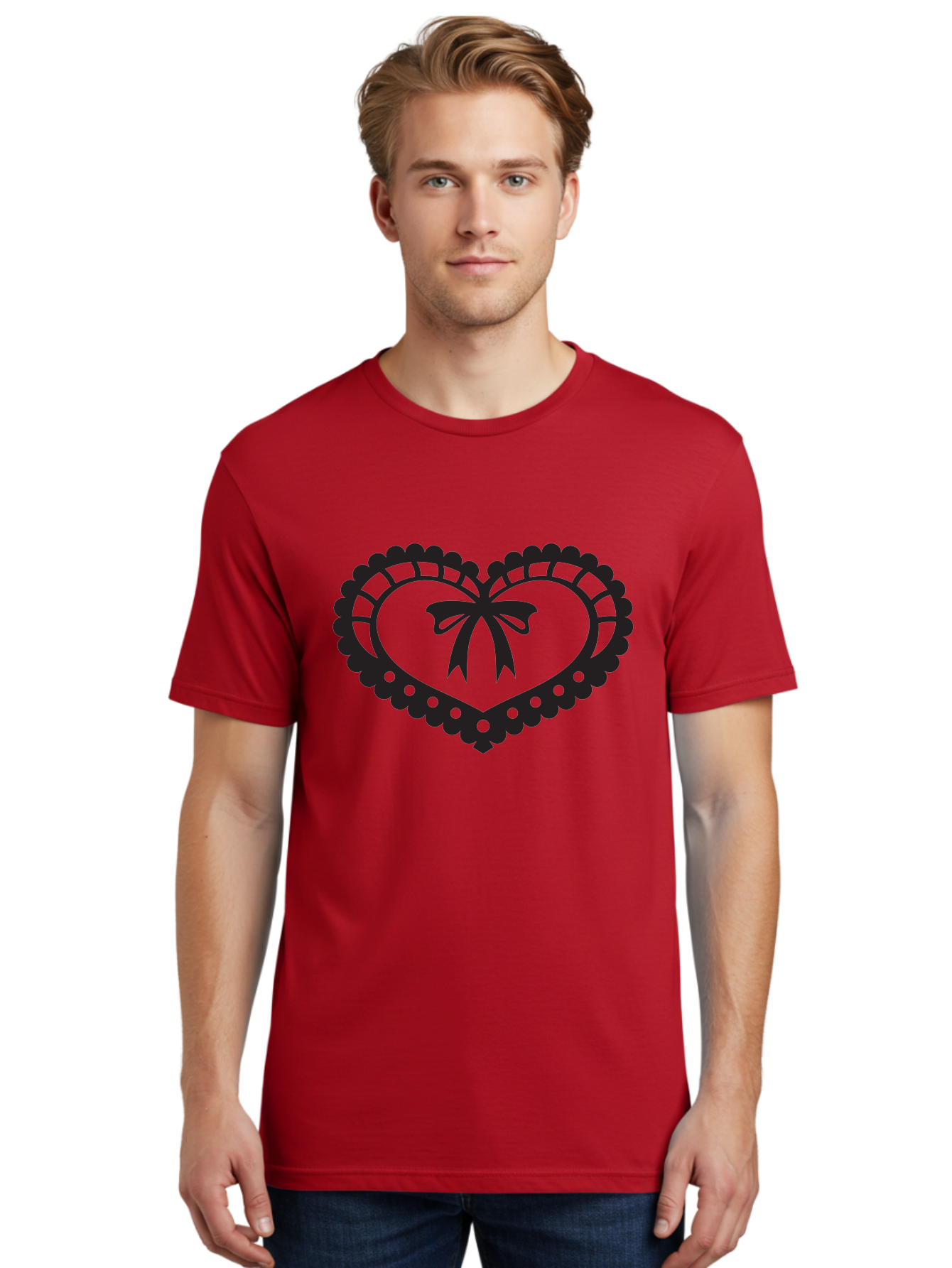 Heart-With-Bow-1 Men'S Graphic Tee, 100% Cotton, Comfortable Casual Summer Wear, Machine Washable, Heart Shape, Decorative Bow, Lace Details, Intricate Design, Love Symbol, Valentines Day, Heart Icon, Cute Graphic Aab278