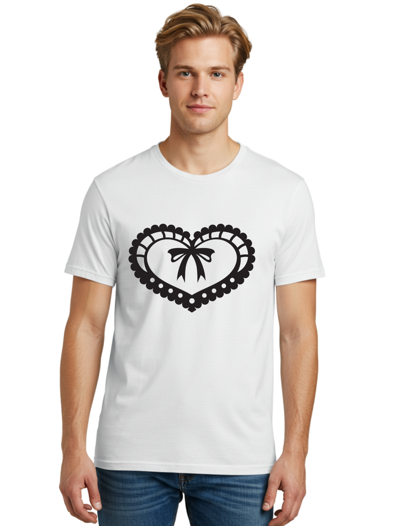 Heart-With-Bow-1 Men'S Graphic Tee, 100% Cotton, Comfortable Casual Summer Wear, Machine Washable, Heart Shape, Decorative Bow, Lace Details, Intricate Design, Love Symbol, Valentines Day, Heart Icon, Cute Graphic Aab278