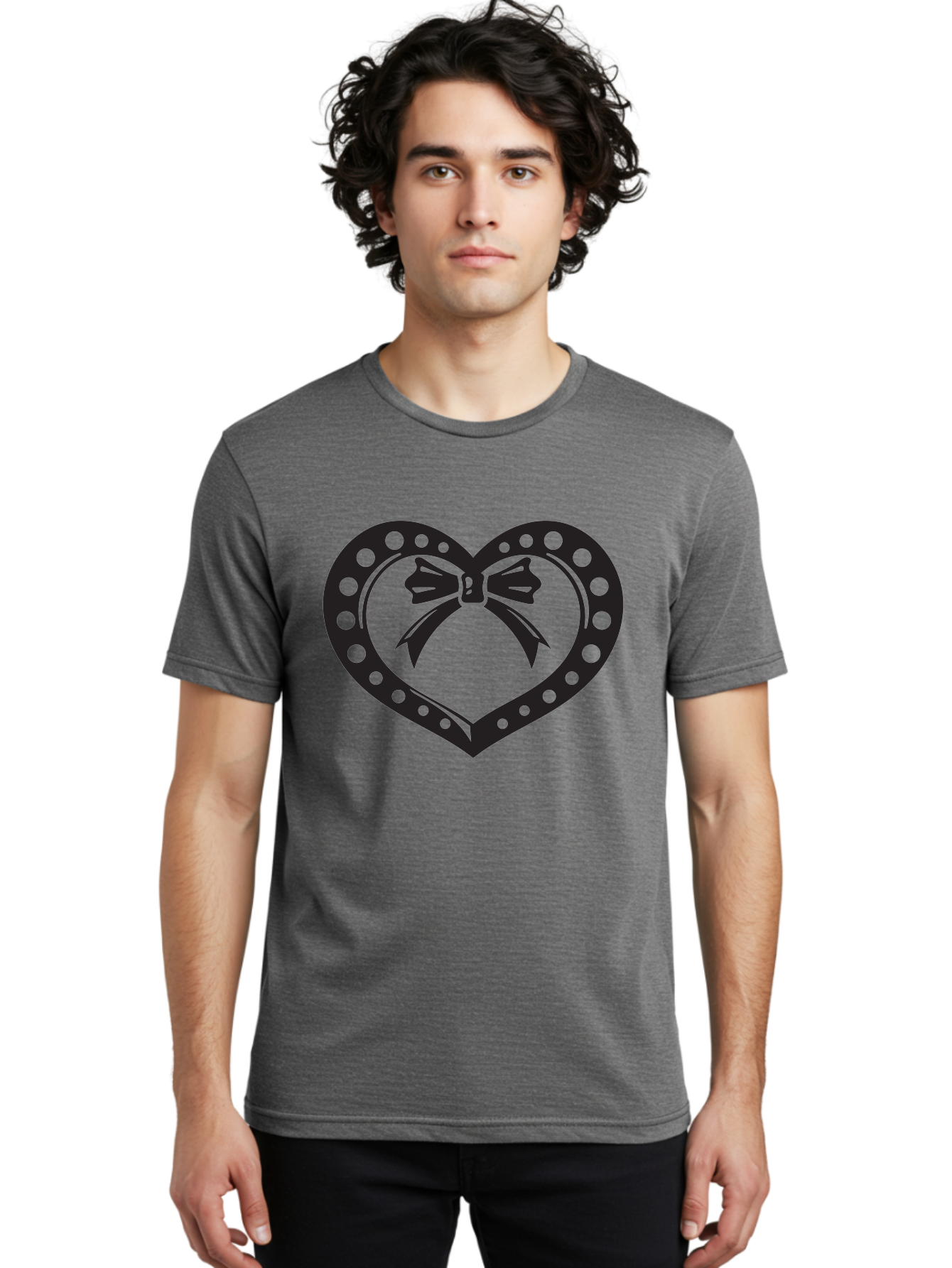 Heart-With-Bow Men'S Graphic Tee, 100% Cotton, Comfortable Casual Summer Wear, Machine Washable, Heart Shape, Bow Design, Polka Dots, Love Symbol, Romantic Gesture, Heartwarming, Cute Design, Heart Icon Aab279