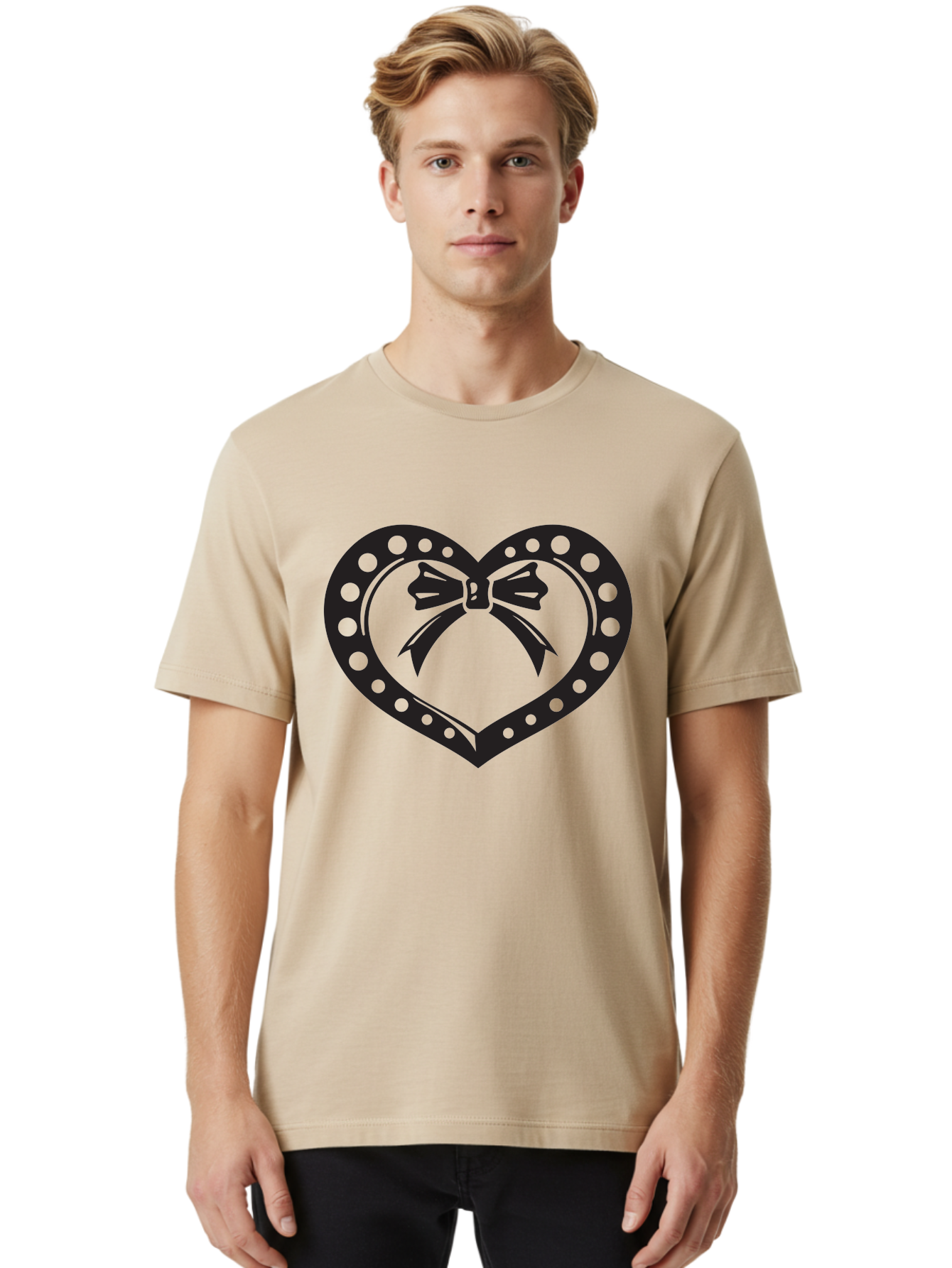 Heart-With-Bow Men'S Graphic Tee, 100% Cotton, Comfortable Casual Summer Wear, Machine Washable, Heart Shape, Bow Design, Polka Dots, Love Symbol, Romantic Gesture, Heartwarming, Cute Design, Heart Icon Aab279