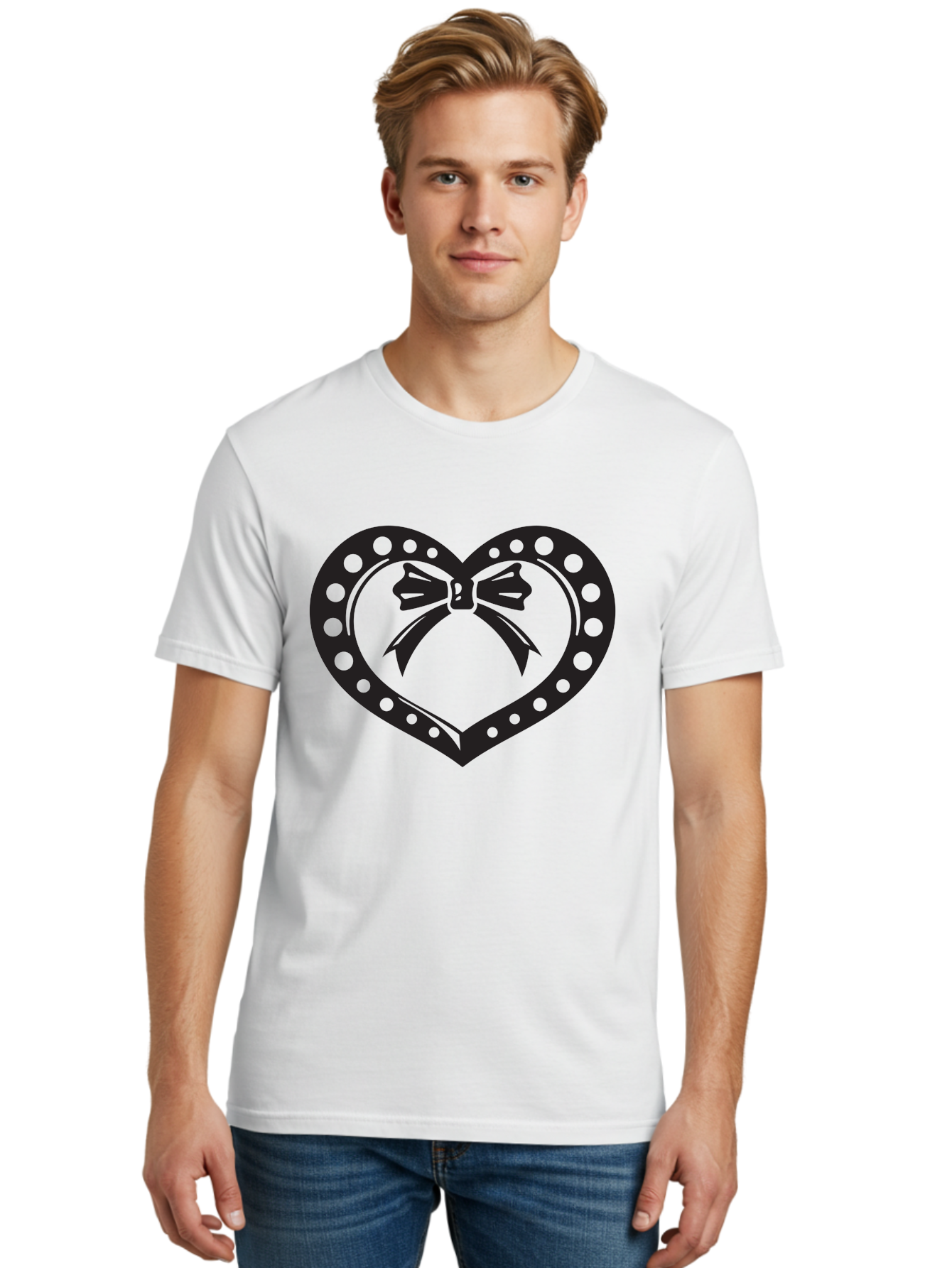 Heart-With-Bow Men'S Graphic Tee, 100% Cotton, Comfortable Casual Summer Wear, Machine Washable, Heart Shape, Bow Design, Polka Dots, Love Symbol, Romantic Gesture, Heartwarming, Cute Design, Heart Icon Aab279