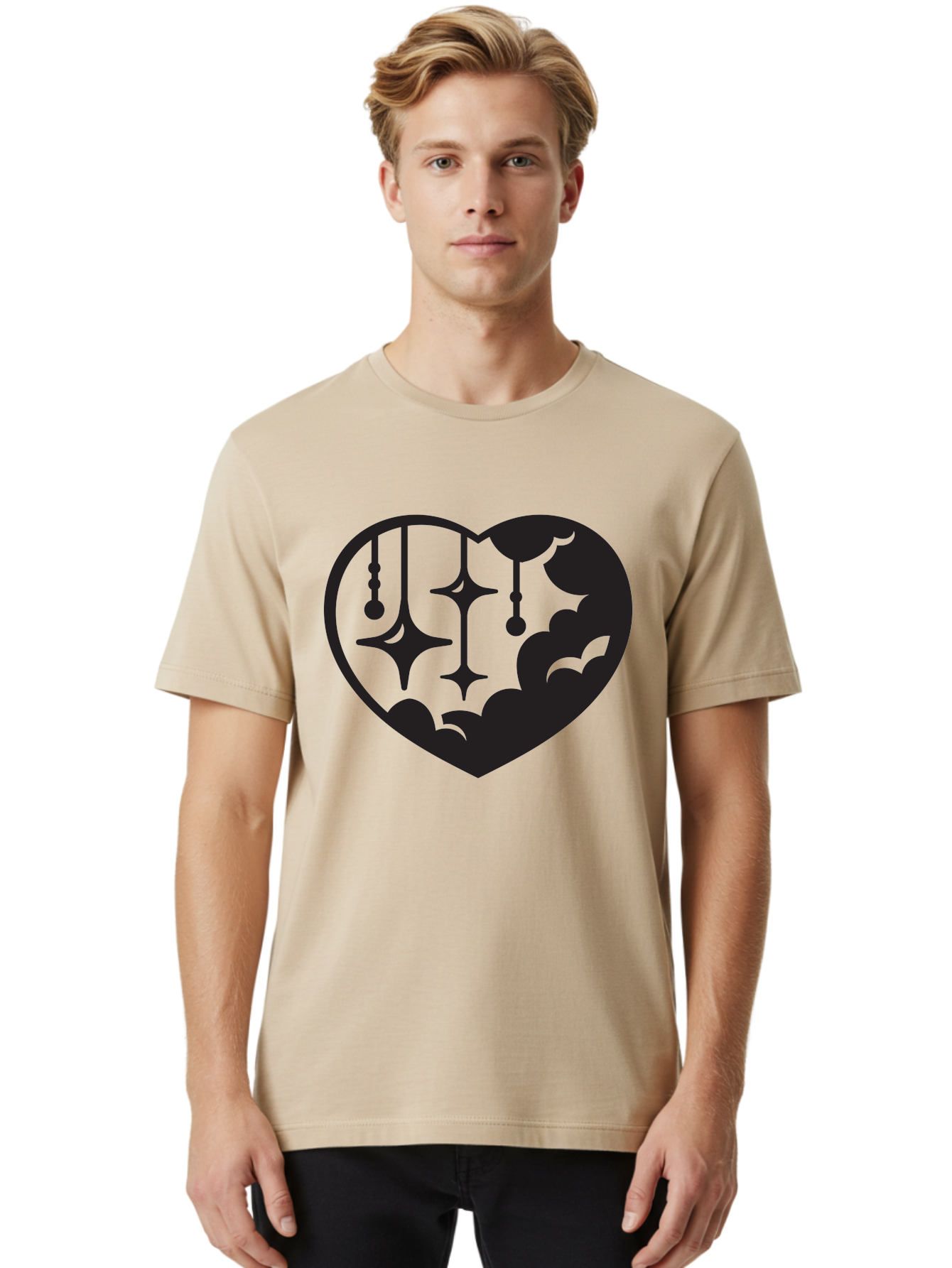 Heart-With-Clouds-And-Stars Men'S Graphic Tee, 100% Cotton, Comfortable Casual Summer Wear, Machine Washable, Heart Shape, Clouds, Stars, Celestial Design, Mystical Patterns, Whimsical Art, Dreamy Silhouettes, Abstract Shapes, Symbolic Heart Aab280