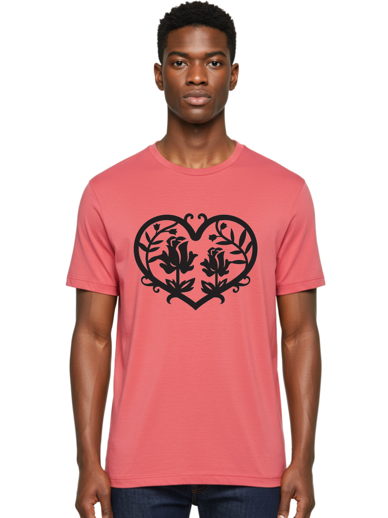 Heart-With-Flowers Men'S Graphic Tee, 100% Cotton, Comfortable Casual Summer Wear, Machine Washable, Heart Shape, Floral Design, Black Silhouette, Rose Flowers, Leaves And Vines, Decorative Elements, Symbolic Heart, Intricate Details, Aab282