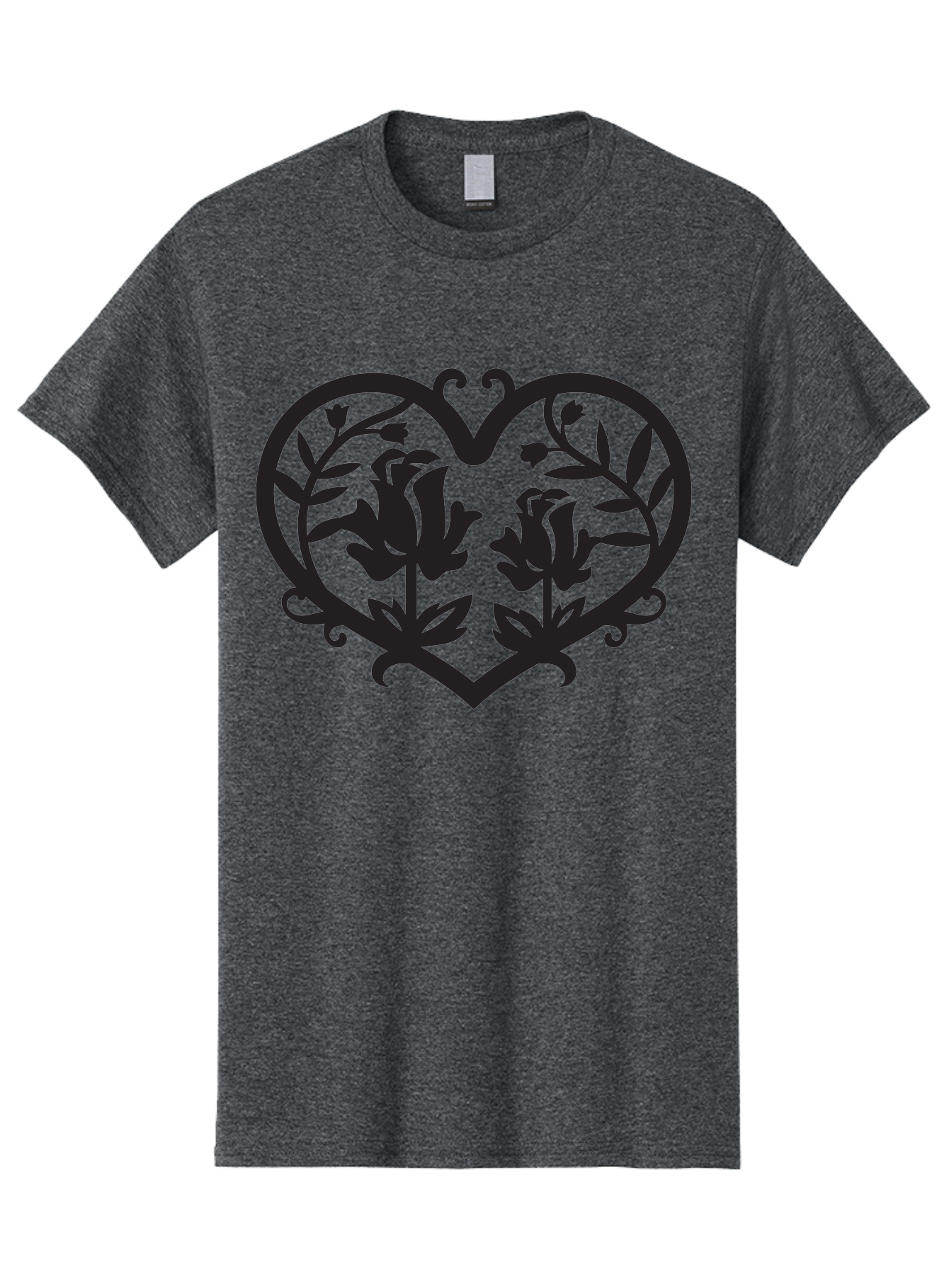 Heart-With-Flowers Men'S Graphic Tee, 100% Cotton, Comfortable Casual Summer Wear, Machine Washable, Heart Shape, Floral Design, Black Silhouette, Rose Flowers, Leaves And Vines, Decorative Elements, Symbolic Heart, Intricate Details, Aab282