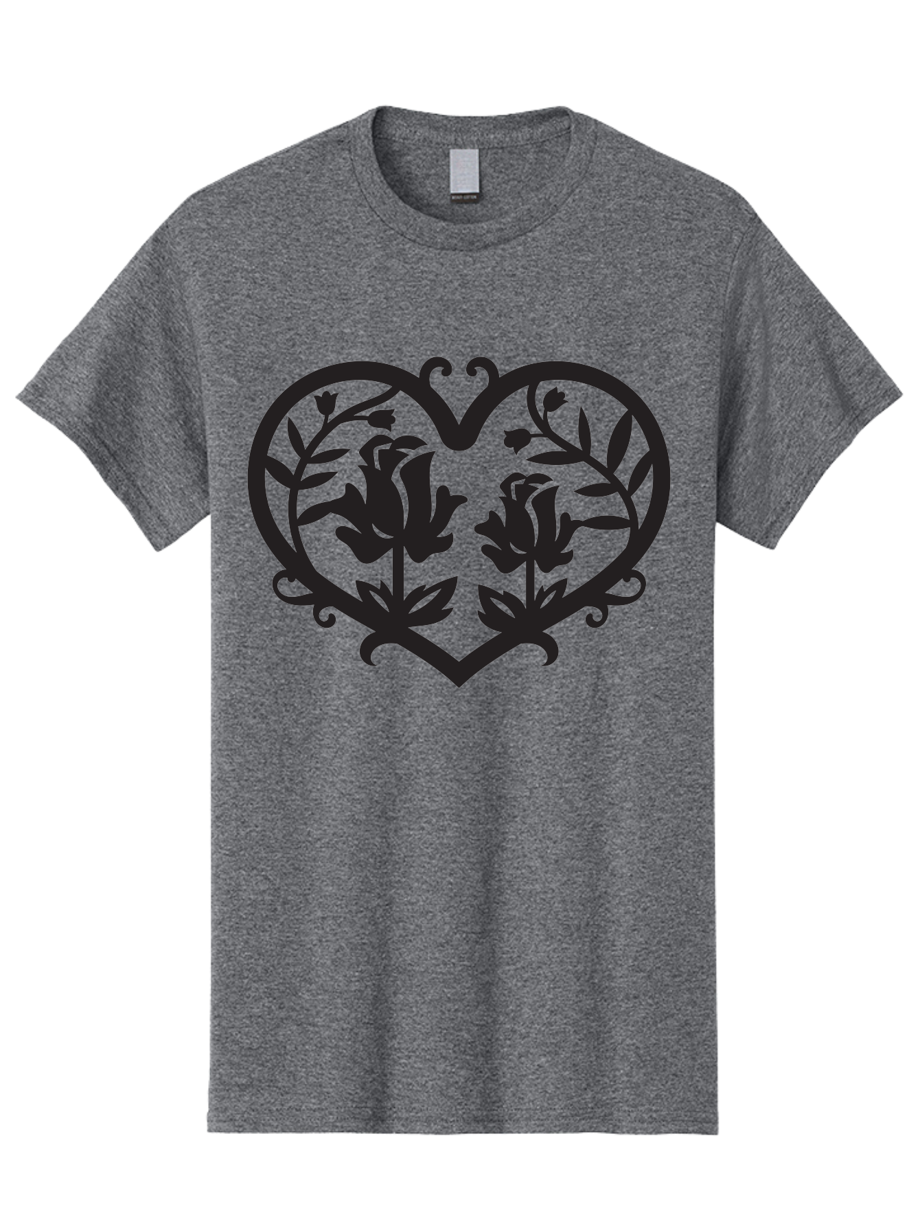 Heart-With-Flowers Men'S Graphic Tee, 100% Cotton, Comfortable Casual Summer Wear, Machine Washable, Heart Shape, Floral Design, Black Silhouette, Rose Flowers, Leaves And Vines, Decorative Elements, Symbolic Heart, Intricate Details, Aab282