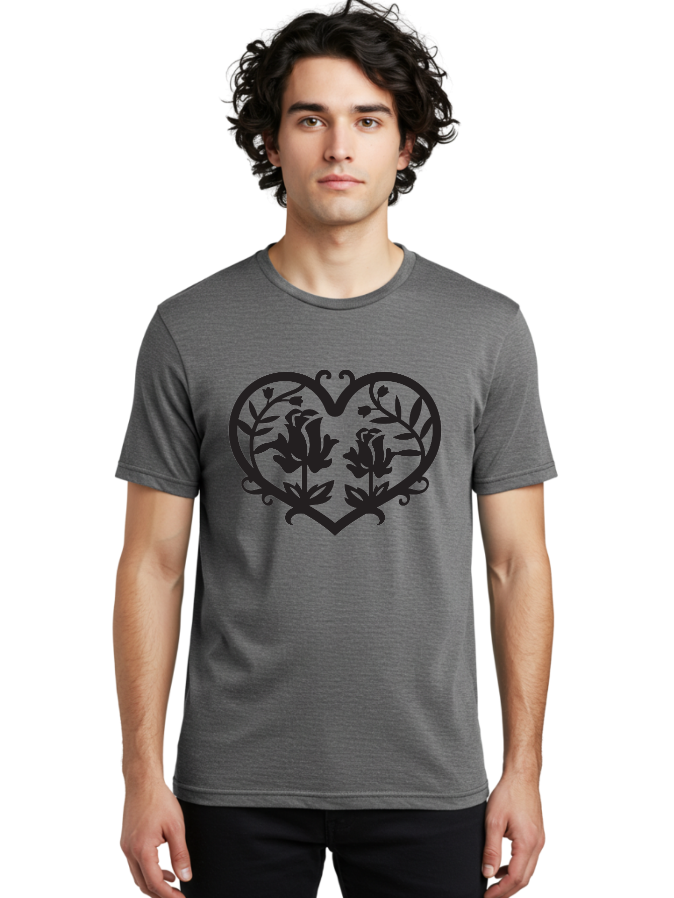 Heart-With-Flowers Men'S Graphic Tee, 100% Cotton, Comfortable Casual Summer Wear, Machine Washable, Heart Shape, Floral Design, Black Silhouette, Rose Flowers, Leaves And Vines, Decorative Elements, Symbolic Heart, Intricate Details, Aab282