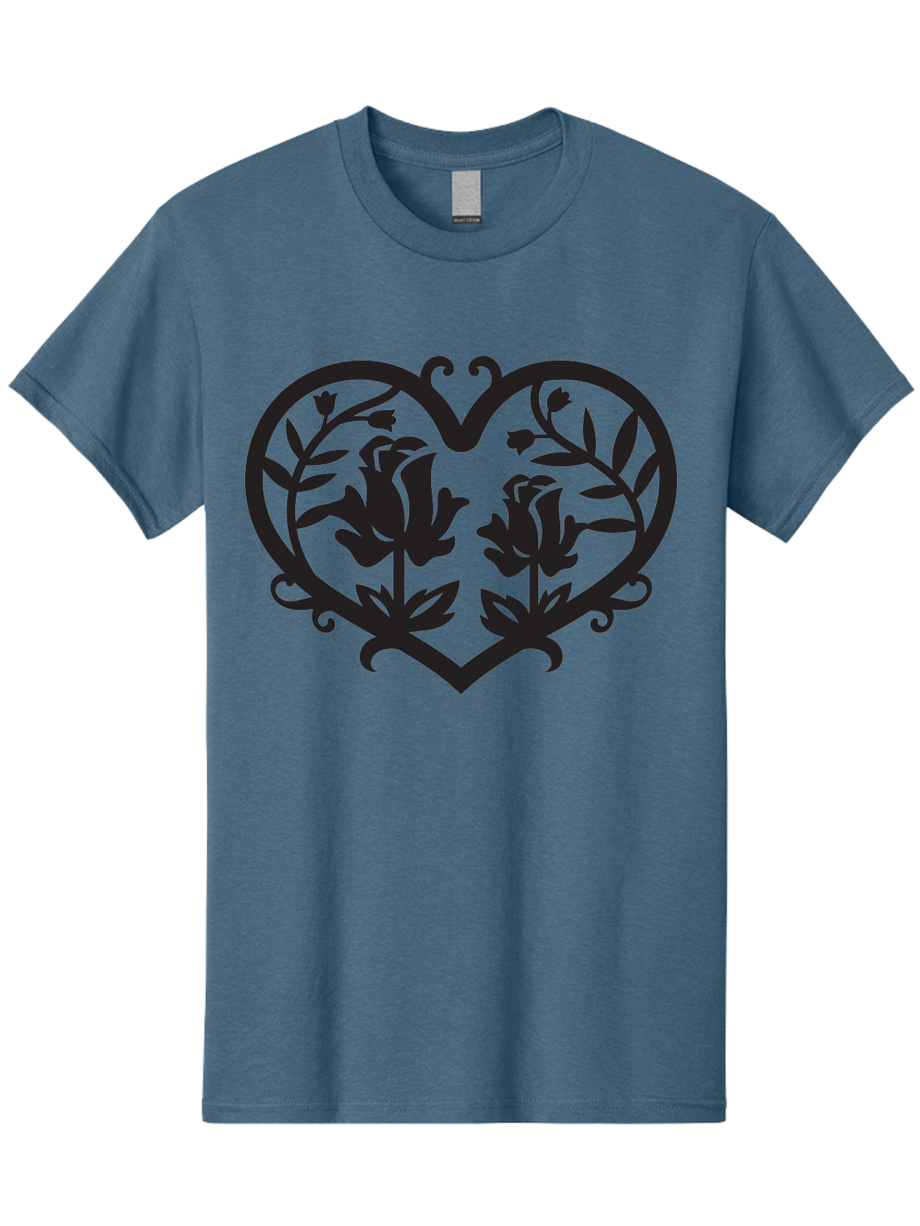 Heart-With-Flowers Men'S Graphic Tee, 100% Cotton, Comfortable Casual Summer Wear, Machine Washable, Heart Shape, Floral Design, Black Silhouette, Rose Flowers, Leaves And Vines, Decorative Elements, Symbolic Heart, Intricate Details, Aab282
