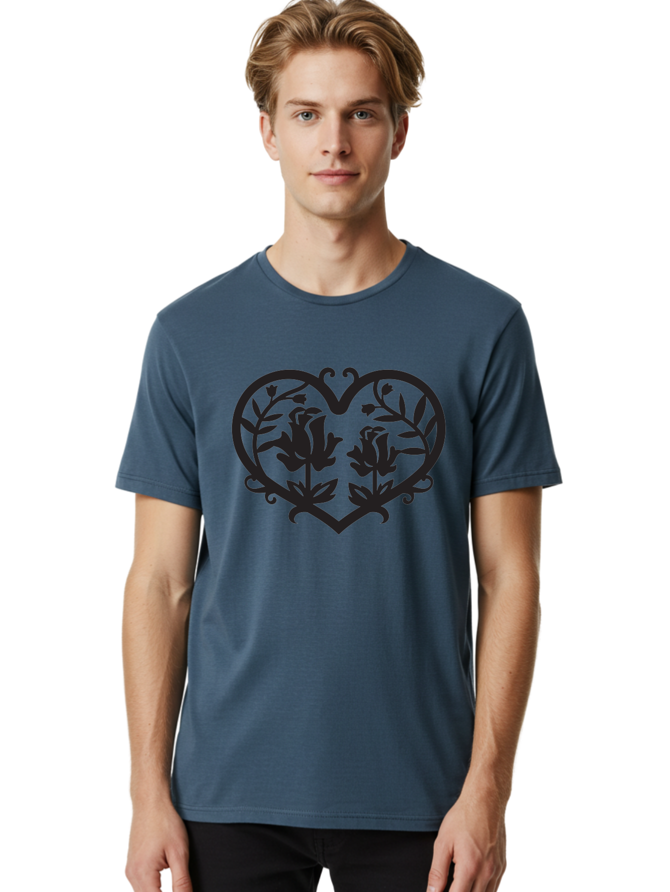 Heart-With-Flowers Men'S Graphic Tee, 100% Cotton, Comfortable Casual Summer Wear, Machine Washable, Heart Shape, Floral Design, Black Silhouette, Rose Flowers, Leaves And Vines, Decorative Elements, Symbolic Heart, Intricate Details, Aab282