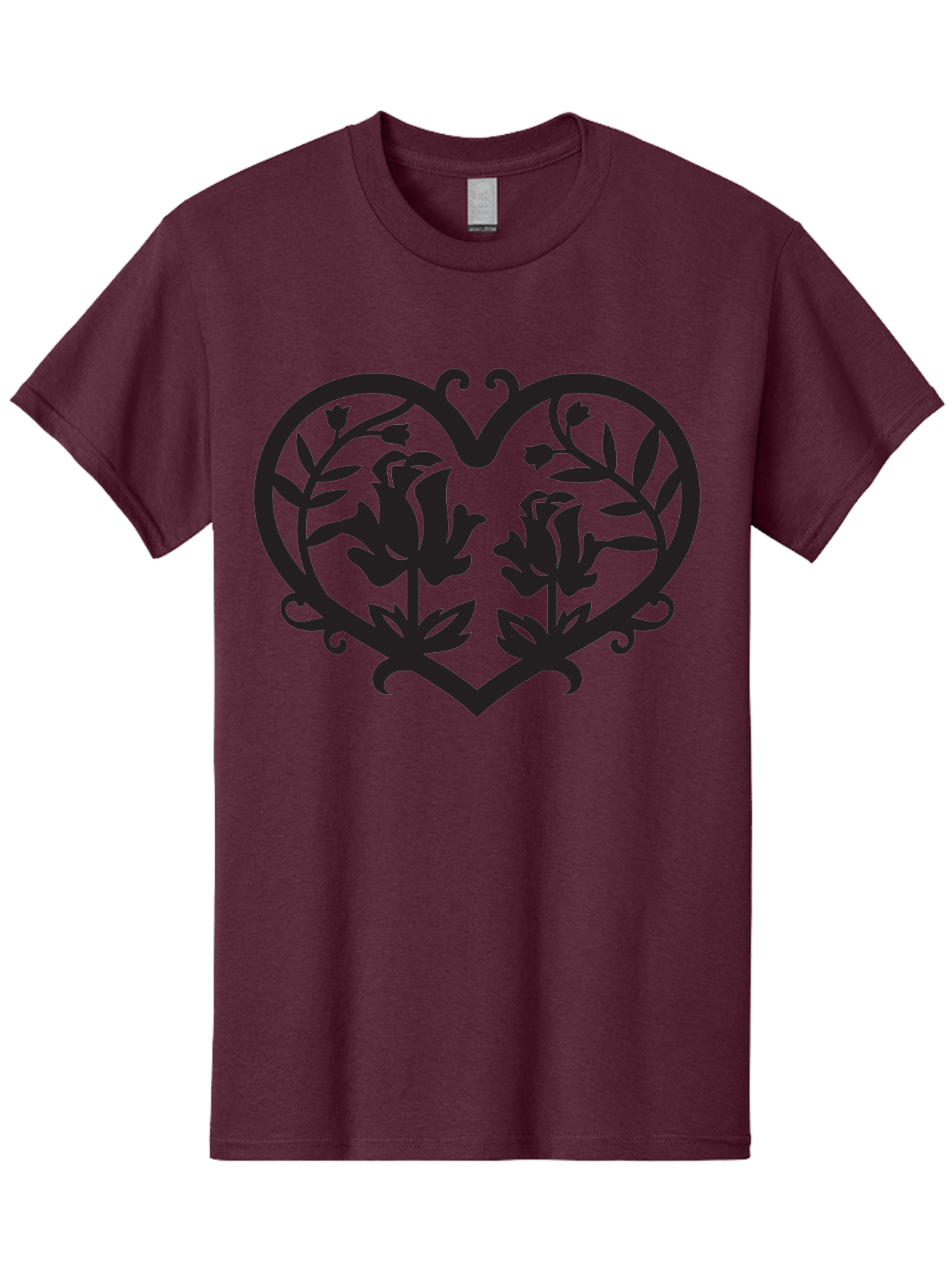 Heart-With-Flowers Men'S Graphic Tee, 100% Cotton, Comfortable Casual Summer Wear, Machine Washable, Heart Shape, Floral Design, Black Silhouette, Rose Flowers, Leaves And Vines, Decorative Elements, Symbolic Heart, Intricate Details, Aab282