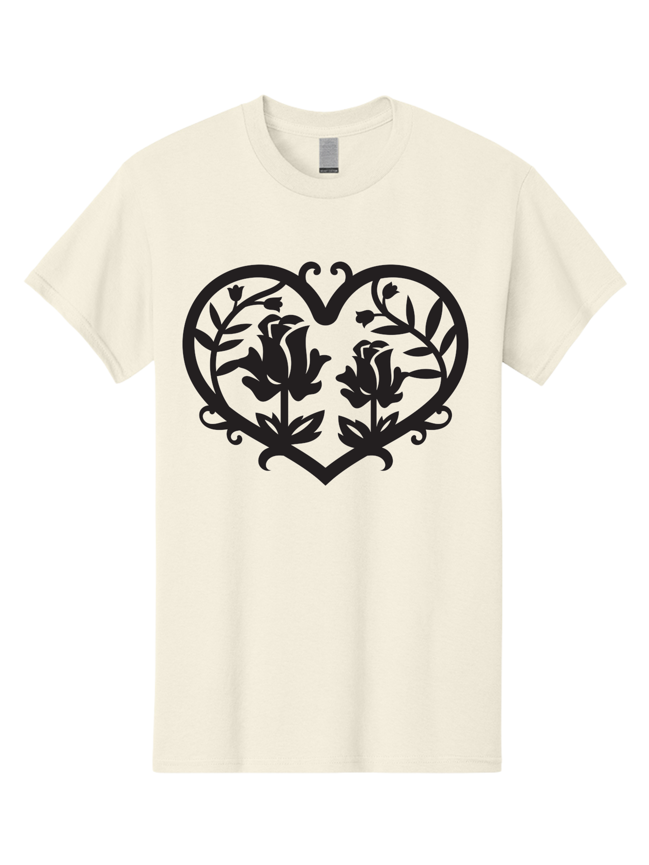Heart-With-Flowers Men'S Graphic Tee, 100% Cotton, Comfortable Casual Summer Wear, Machine Washable, Heart Shape, Floral Design, Black Silhouette, Rose Flowers, Leaves And Vines, Decorative Elements, Symbolic Heart, Intricate Details, Aab282