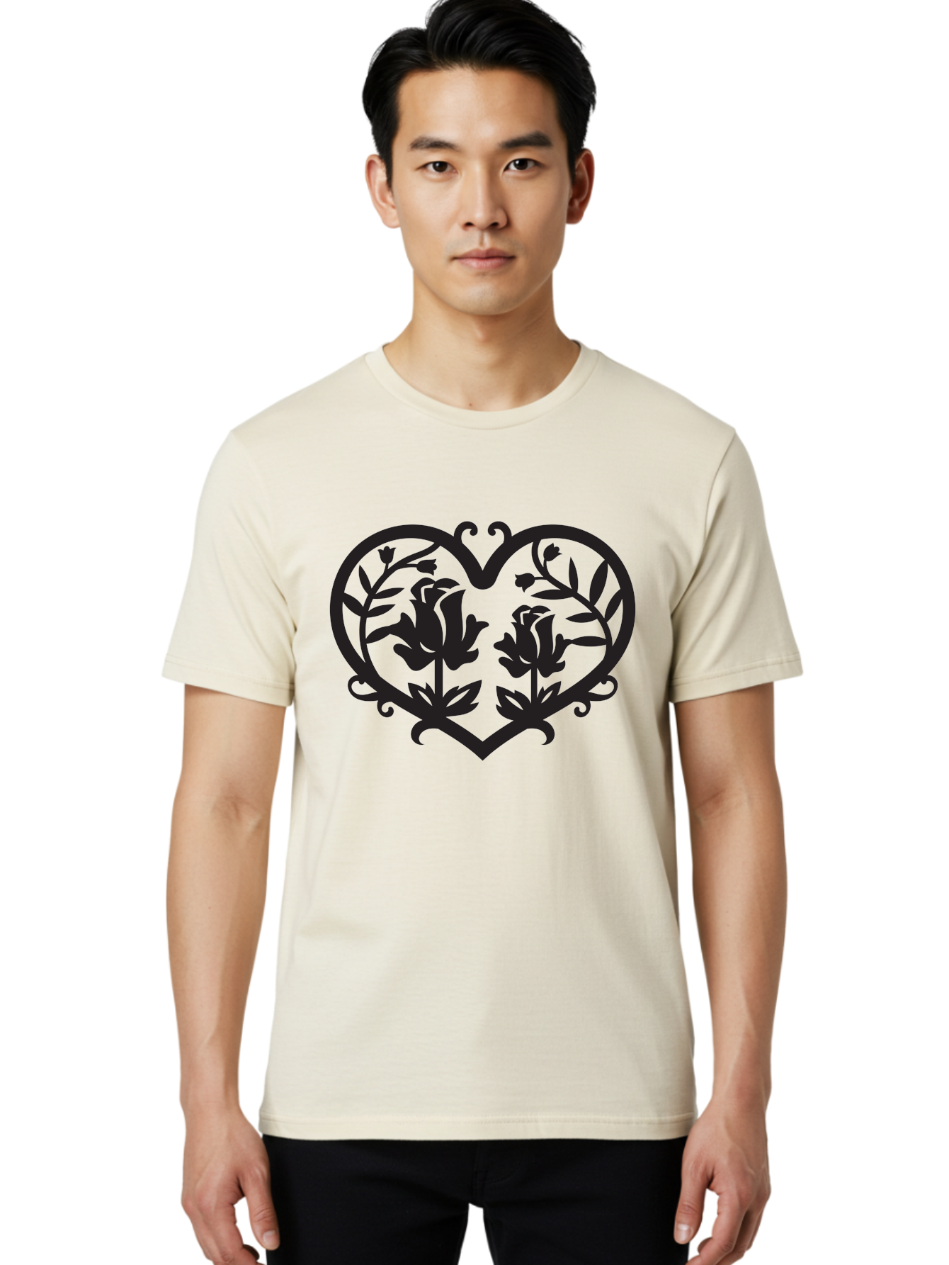 Heart-With-Flowers Men'S Graphic Tee, 100% Cotton, Comfortable Casual Summer Wear, Machine Washable, Heart Shape, Floral Design, Black Silhouette, Rose Flowers, Leaves And Vines, Decorative Elements, Symbolic Heart, Intricate Details, Aab282