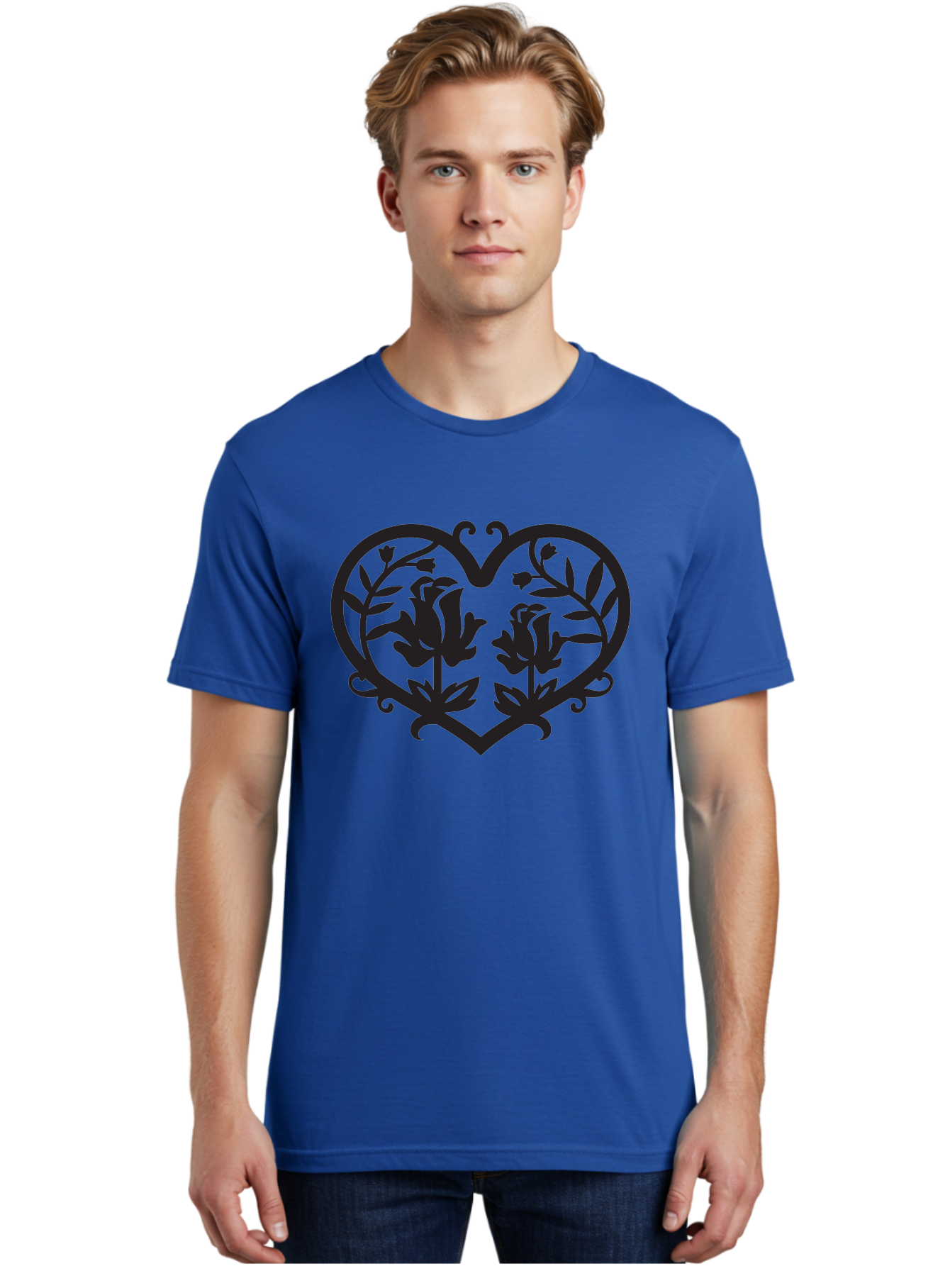 Heart-With-Flowers Men'S Graphic Tee, 100% Cotton, Comfortable Casual Summer Wear, Machine Washable, Heart Shape, Floral Design, Black Silhouette, Rose Flowers, Leaves And Vines, Decorative Elements, Symbolic Heart, Intricate Details, Aab282