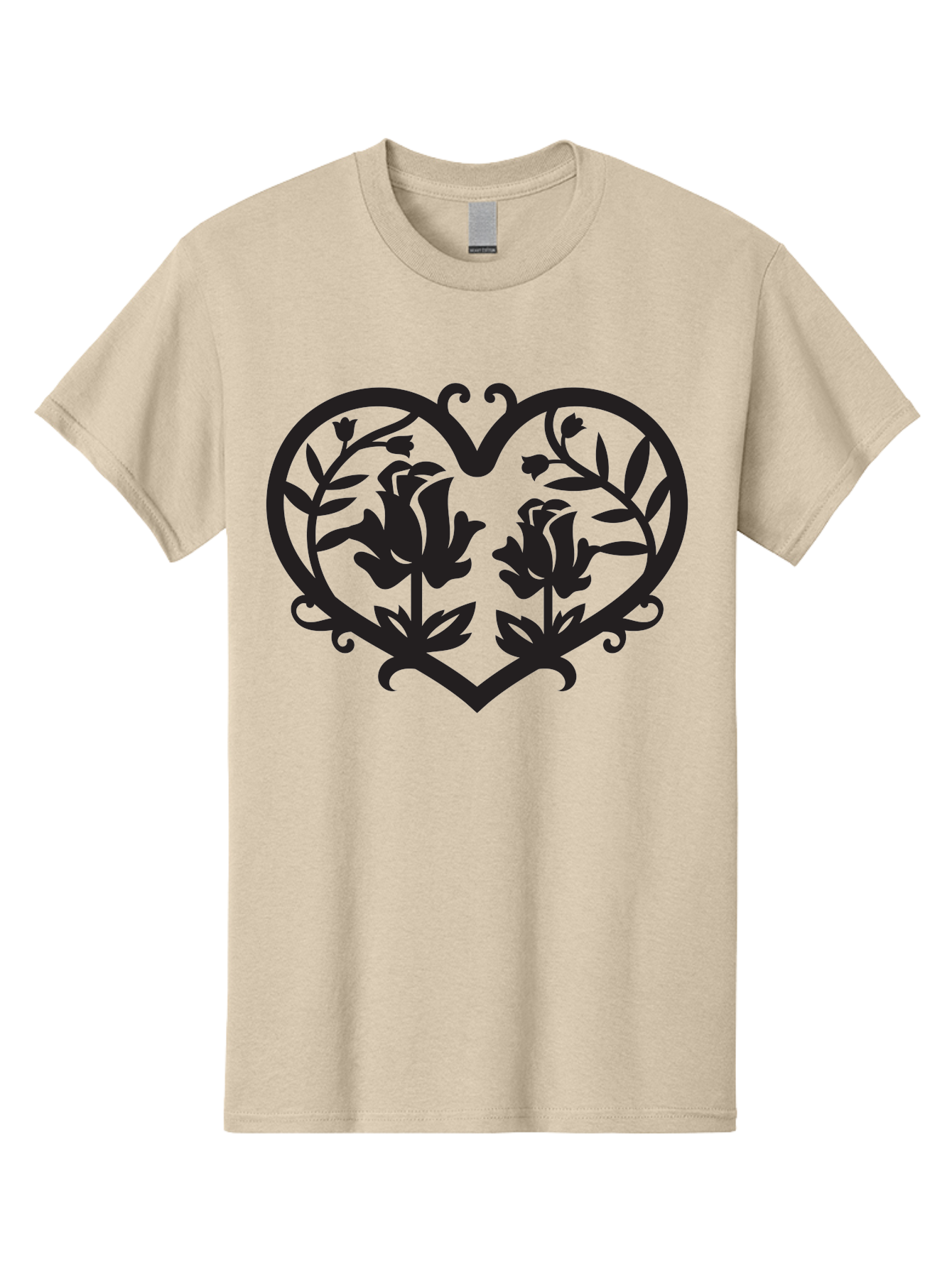 Heart-With-Flowers Men'S Graphic Tee, 100% Cotton, Comfortable Casual Summer Wear, Machine Washable, Heart Shape, Floral Design, Black Silhouette, Rose Flowers, Leaves And Vines, Decorative Elements, Symbolic Heart, Intricate Details, Aab282