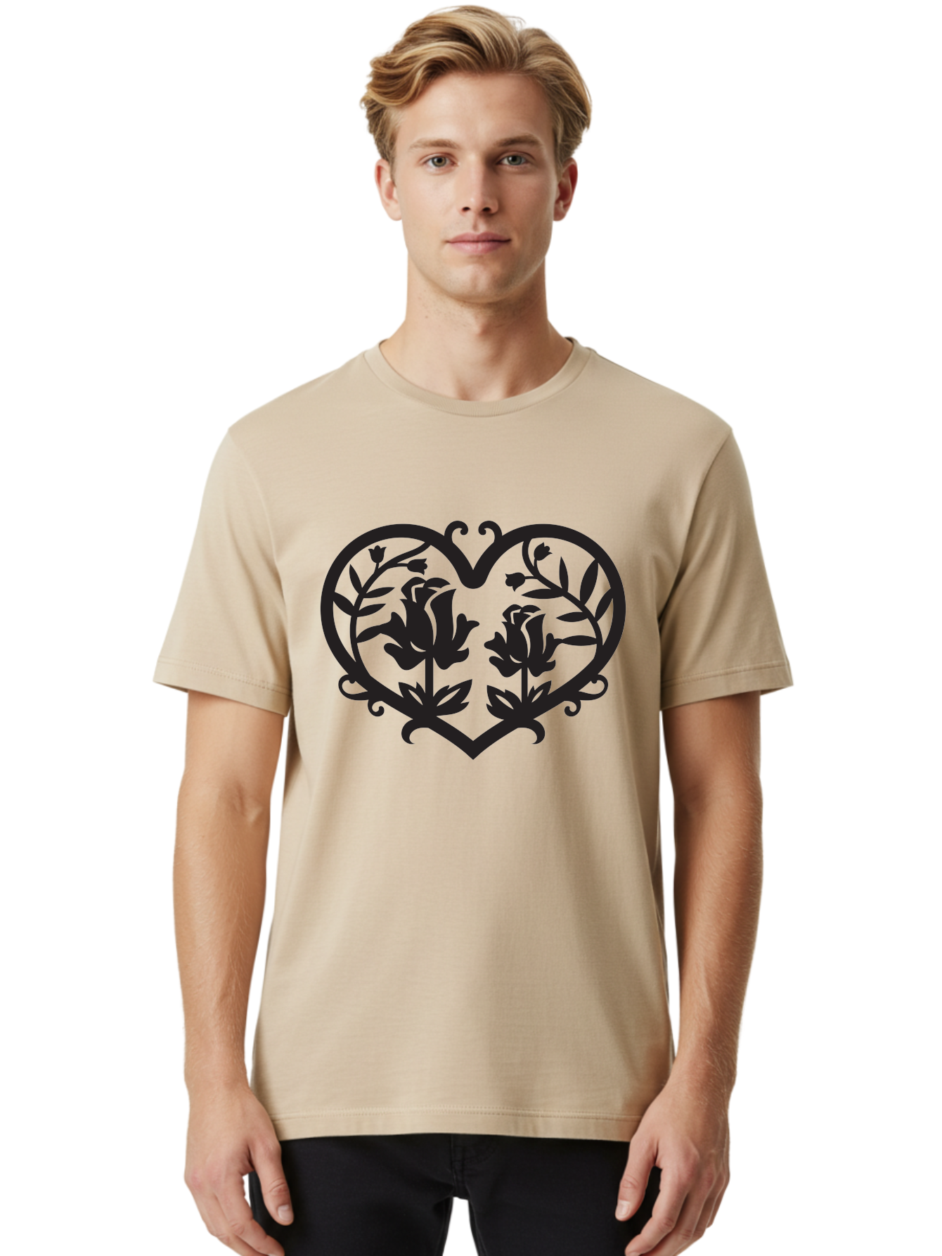 Heart-With-Flowers Men'S Graphic Tee, 100% Cotton, Comfortable Casual Summer Wear, Machine Washable, Heart Shape, Floral Design, Black Silhouette, Rose Flowers, Leaves And Vines, Decorative Elements, Symbolic Heart, Intricate Details, Aab282